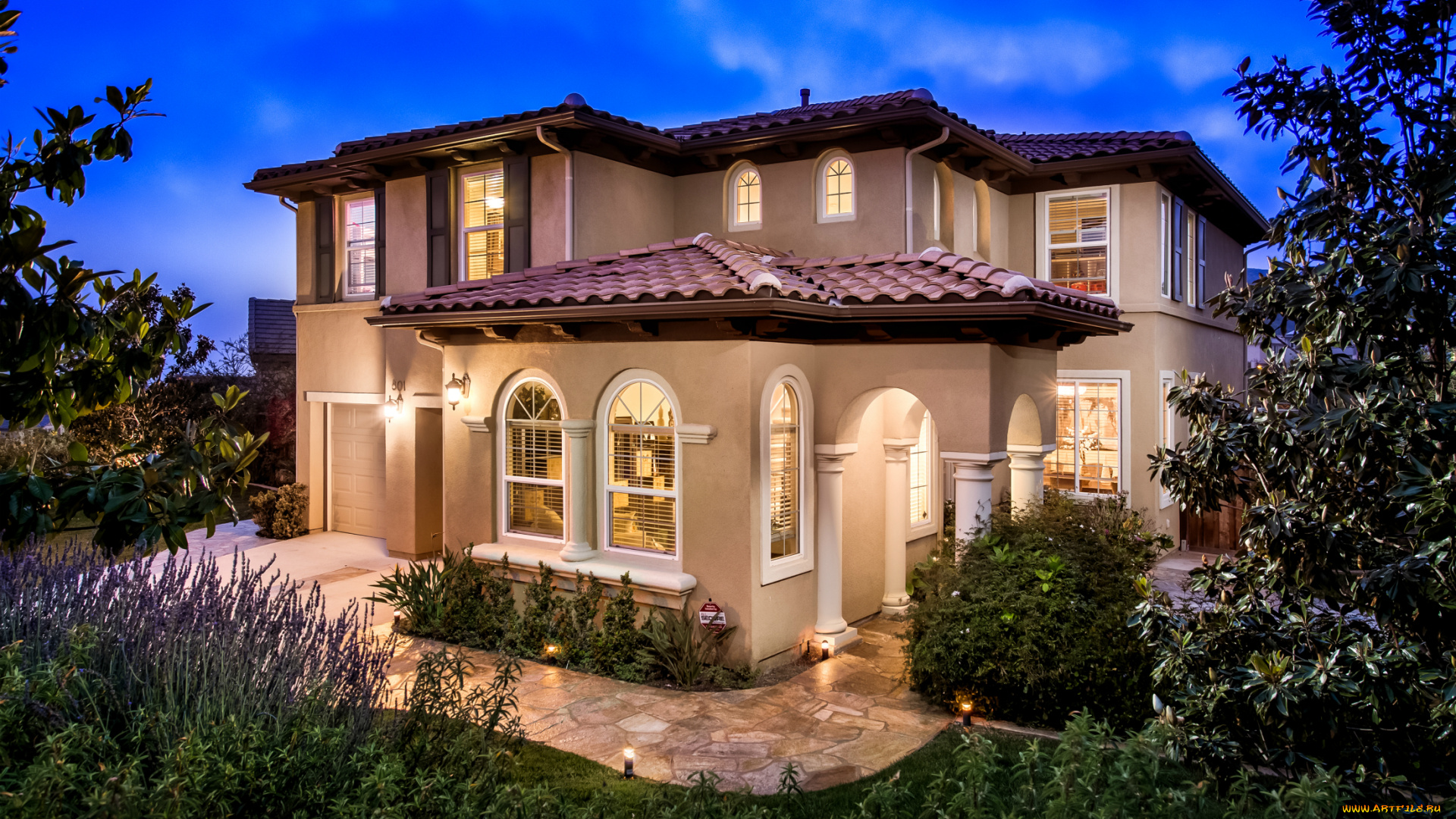 города, -, здания, , дома, дом, окна, сад, подсветка, особняк
