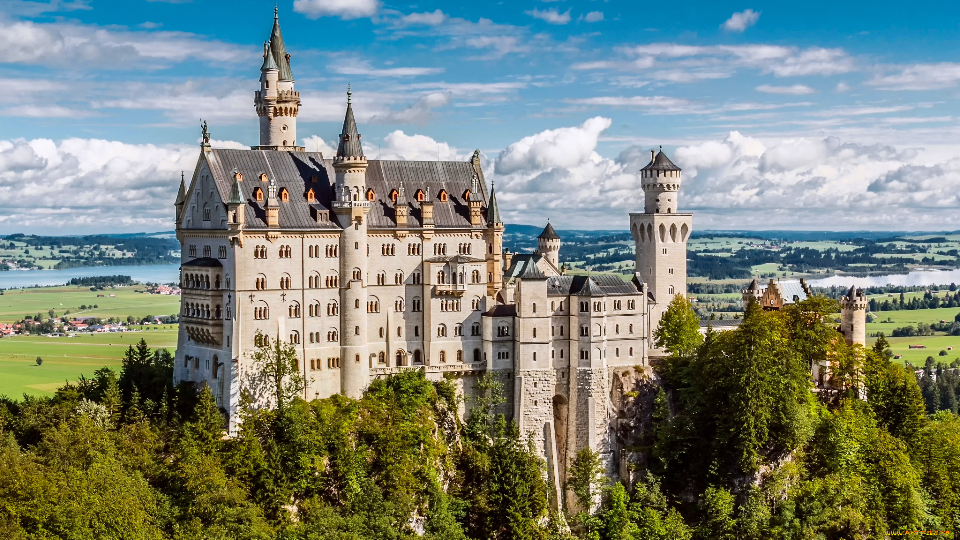 города, замок, нойшванштайн, , германия, небо, лето, бавария, облака, замок, нойшванштайн