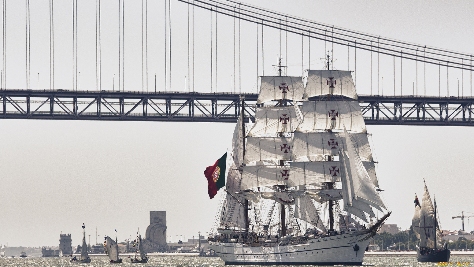 корабли, парусники, река, мост, барк, парусник, тахо, португалия, лиссабон, tagus, river, portugal, lisbon, sagres, nrp, iii