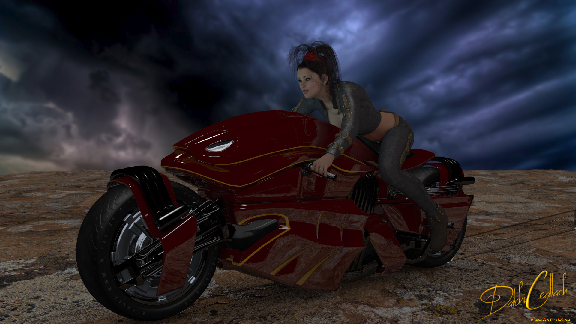 мотоциклы, 3d, девушка, взгляд, фон, мотоцикл