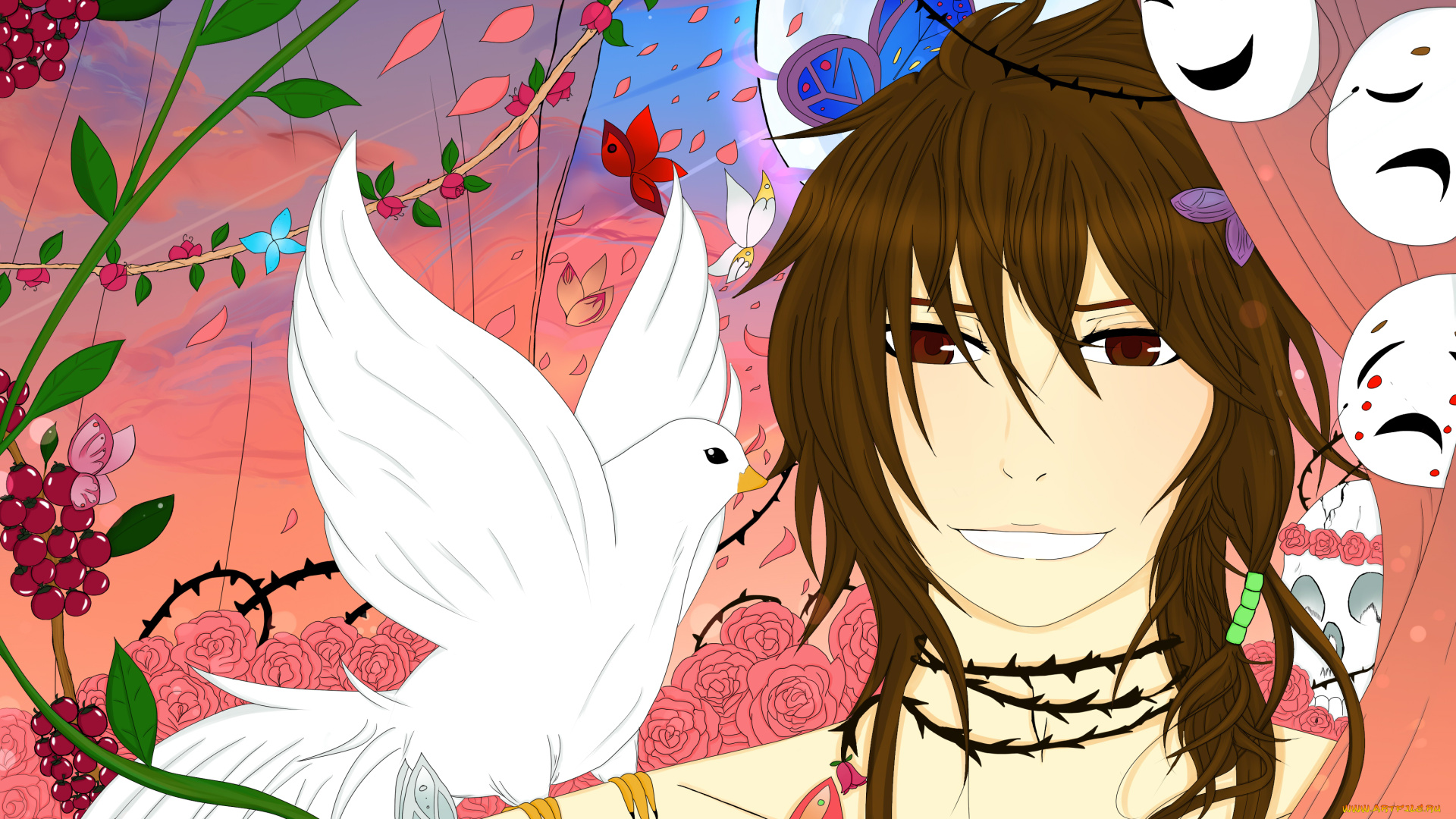 разное, арты, бабочки, ягоды, маски, цветы, голубь, фон, взгляд, девушка