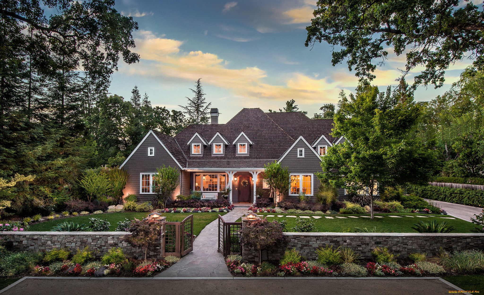 города, -, здания, , дома, деревья, особняк, дом, улица