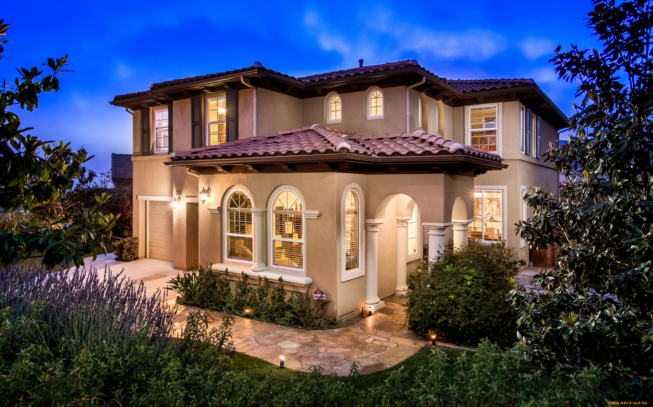 города, -, здания, , дома, дом, окна, сад, подсветка, особняк