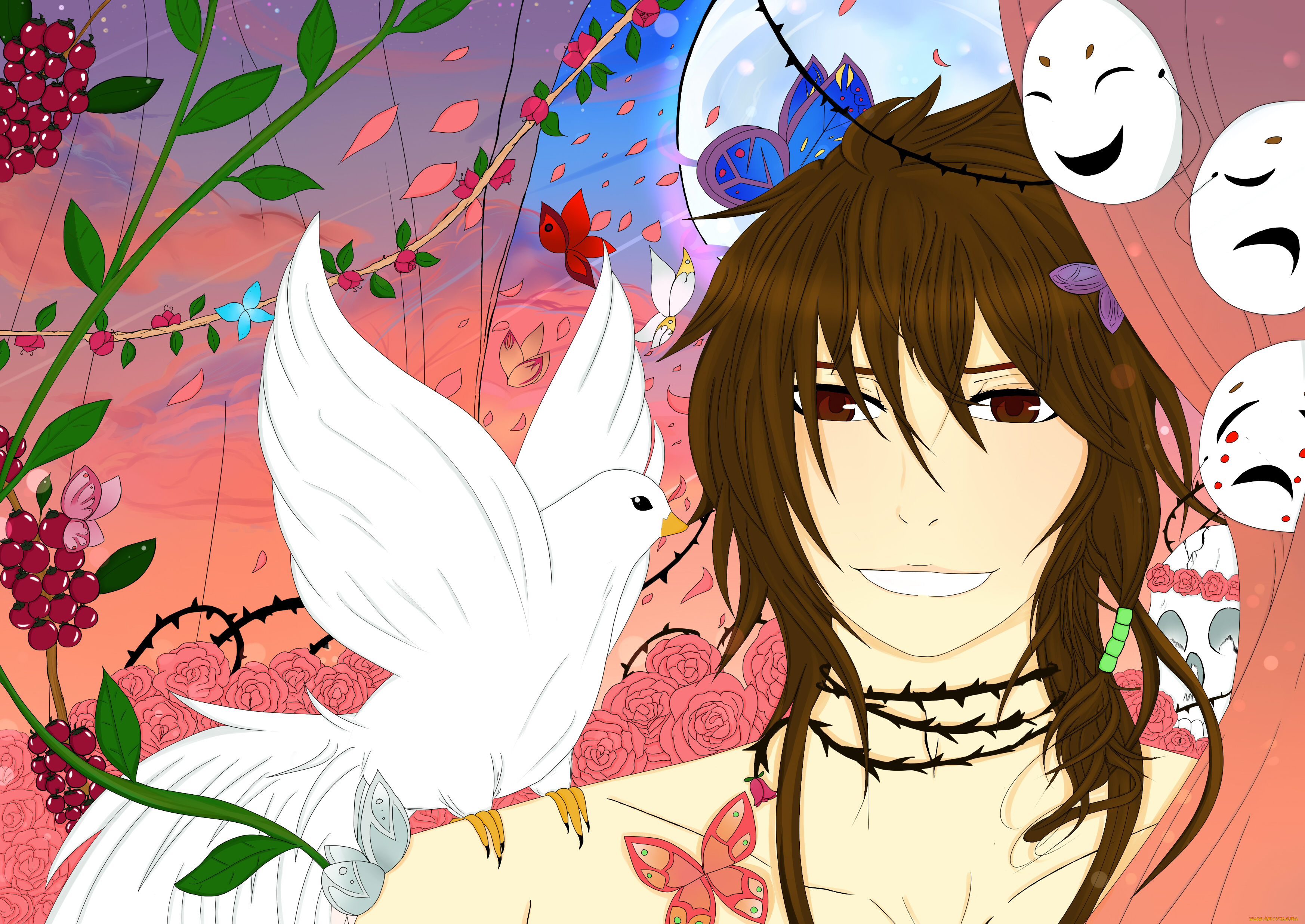 разное, арты, бабочки, ягоды, маски, цветы, голубь, фон, взгляд, девушка