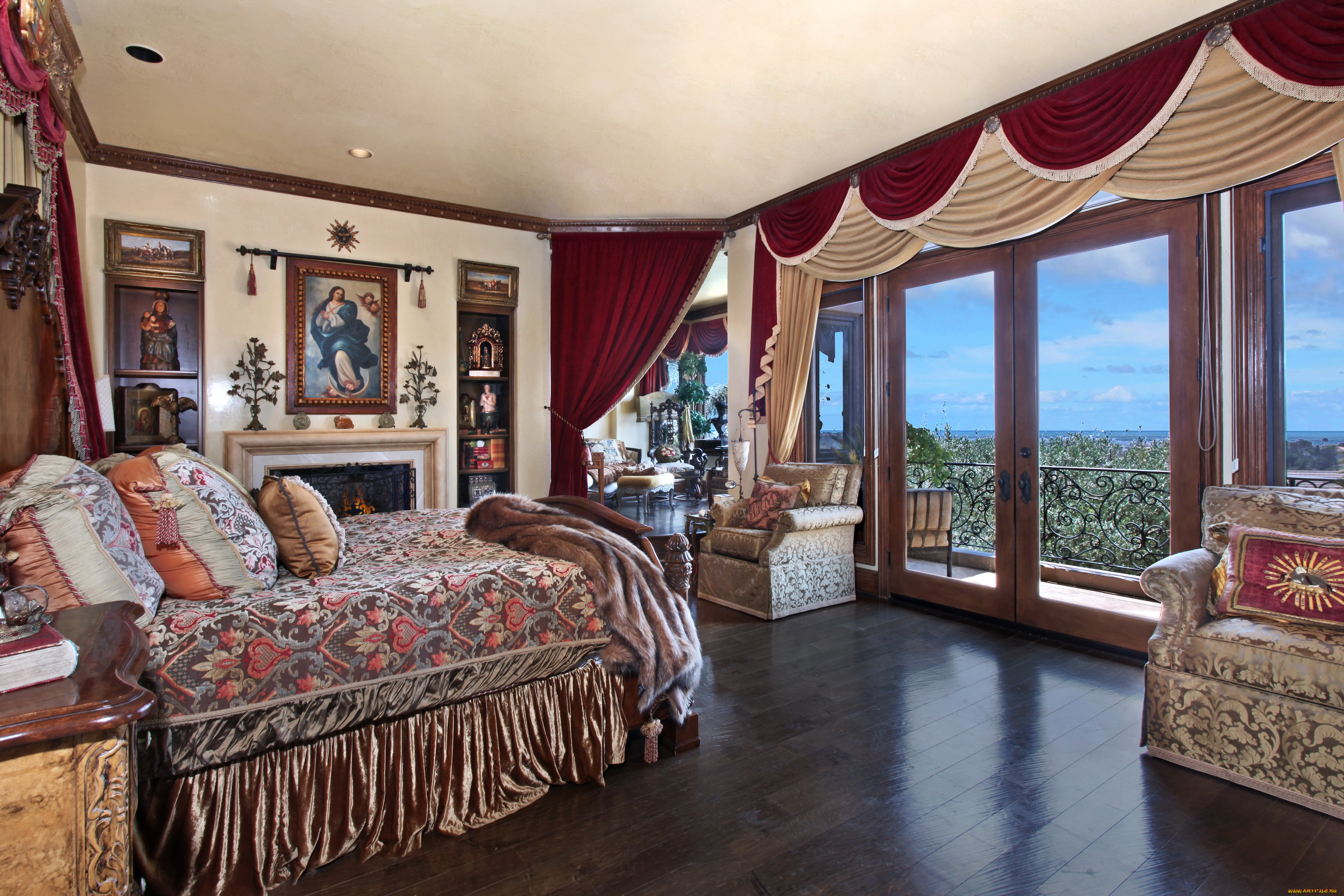 интерьер, спальня, шторы, кровать