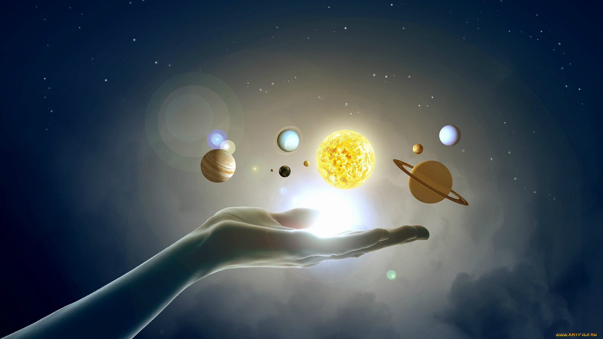 космос, арт, рука, солнце, планеты