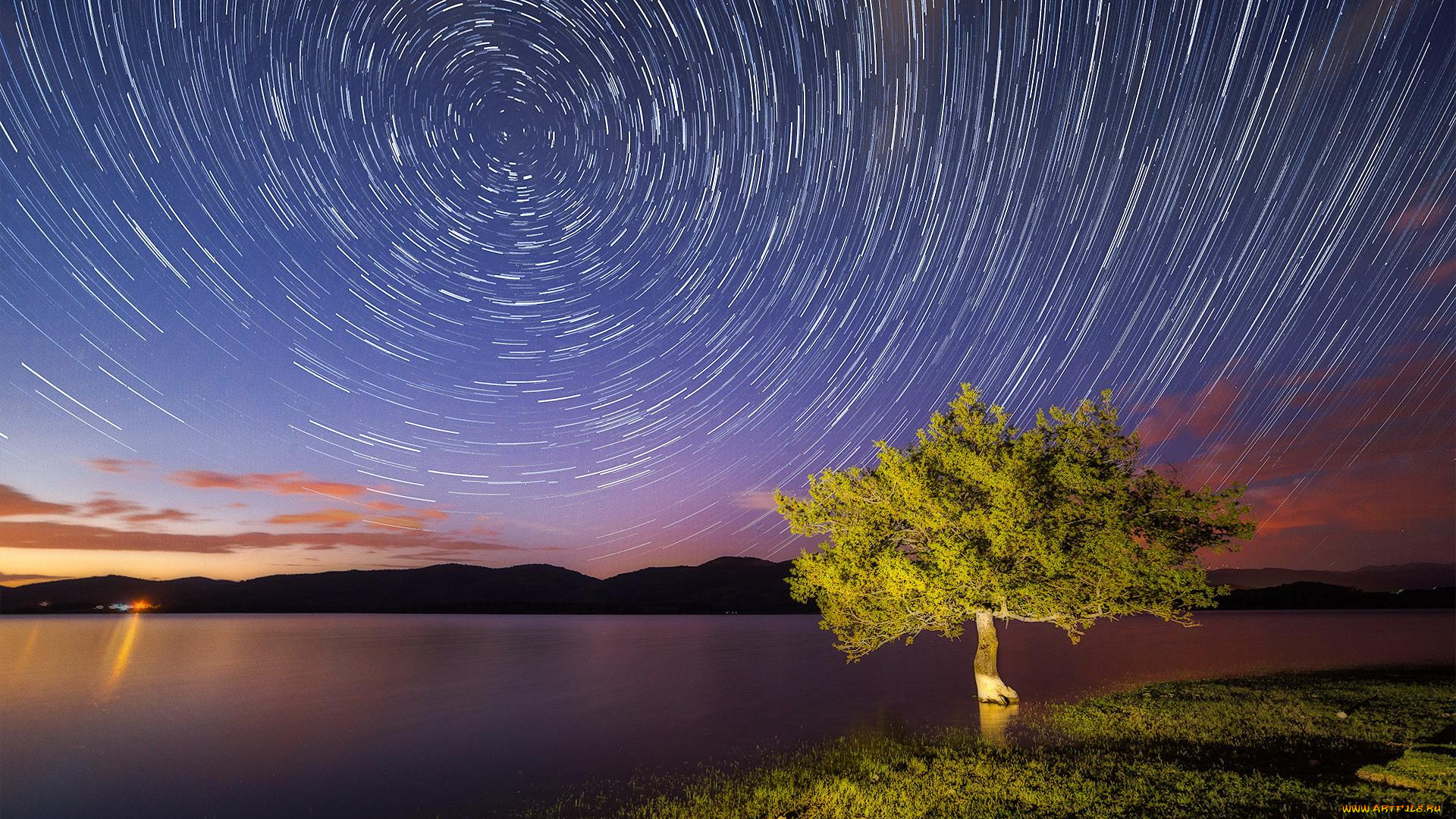 природа, реки, озера, звезды, вечер, дерево, озеро, холмы