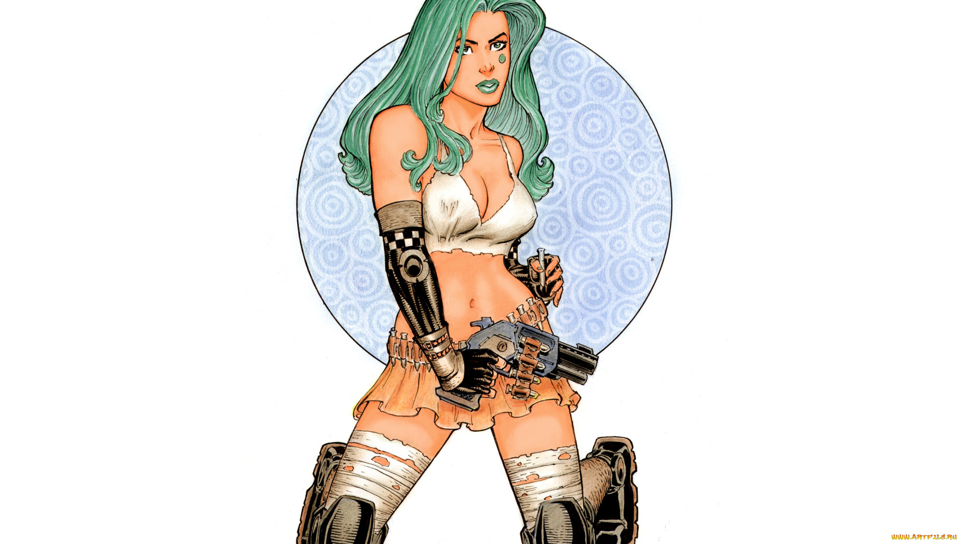 рисованное, комиксы, девушка, фон, взгляд, пистолет