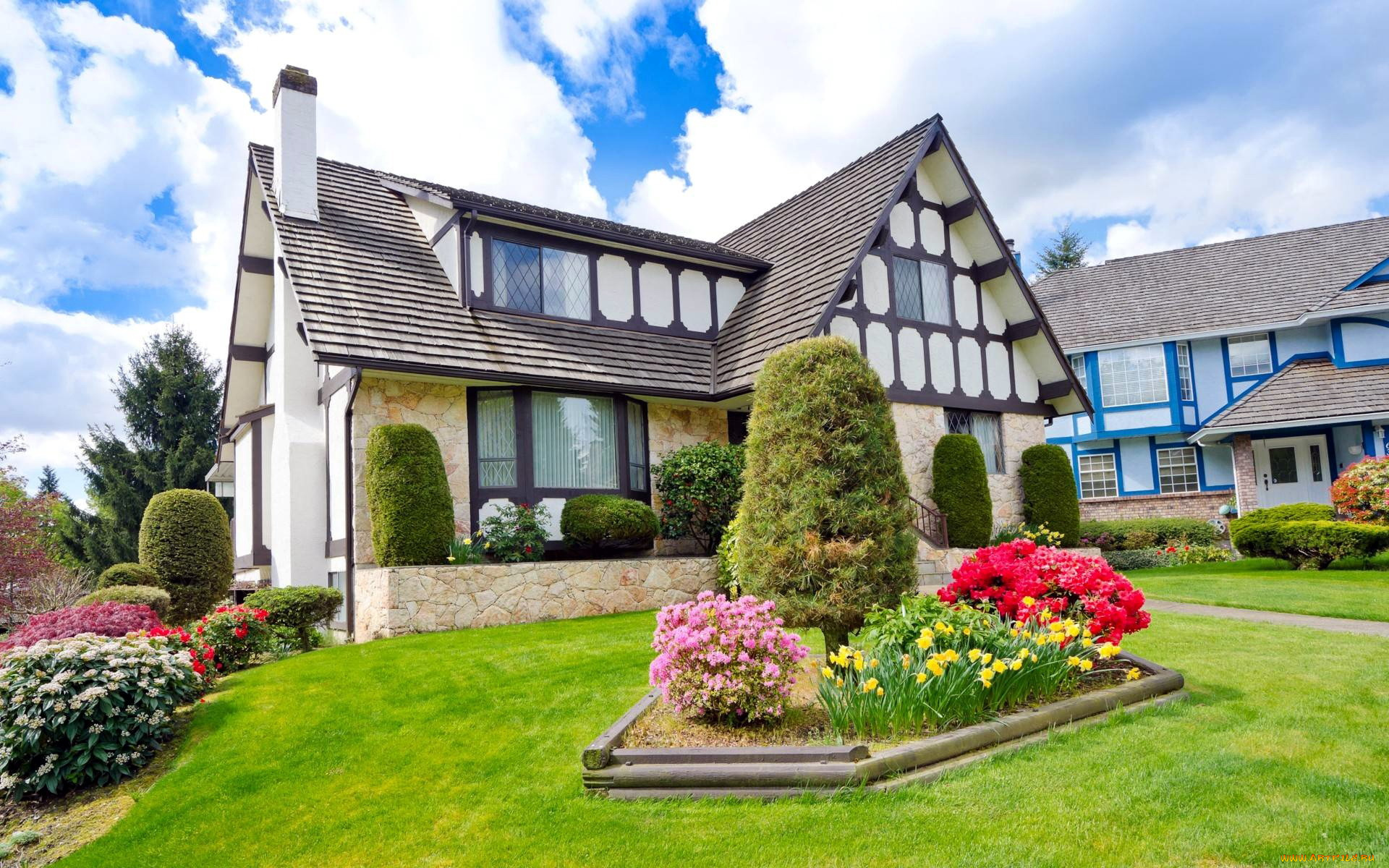 города, -, здания, , дома, цветы, клумбы, цветники, лужайка