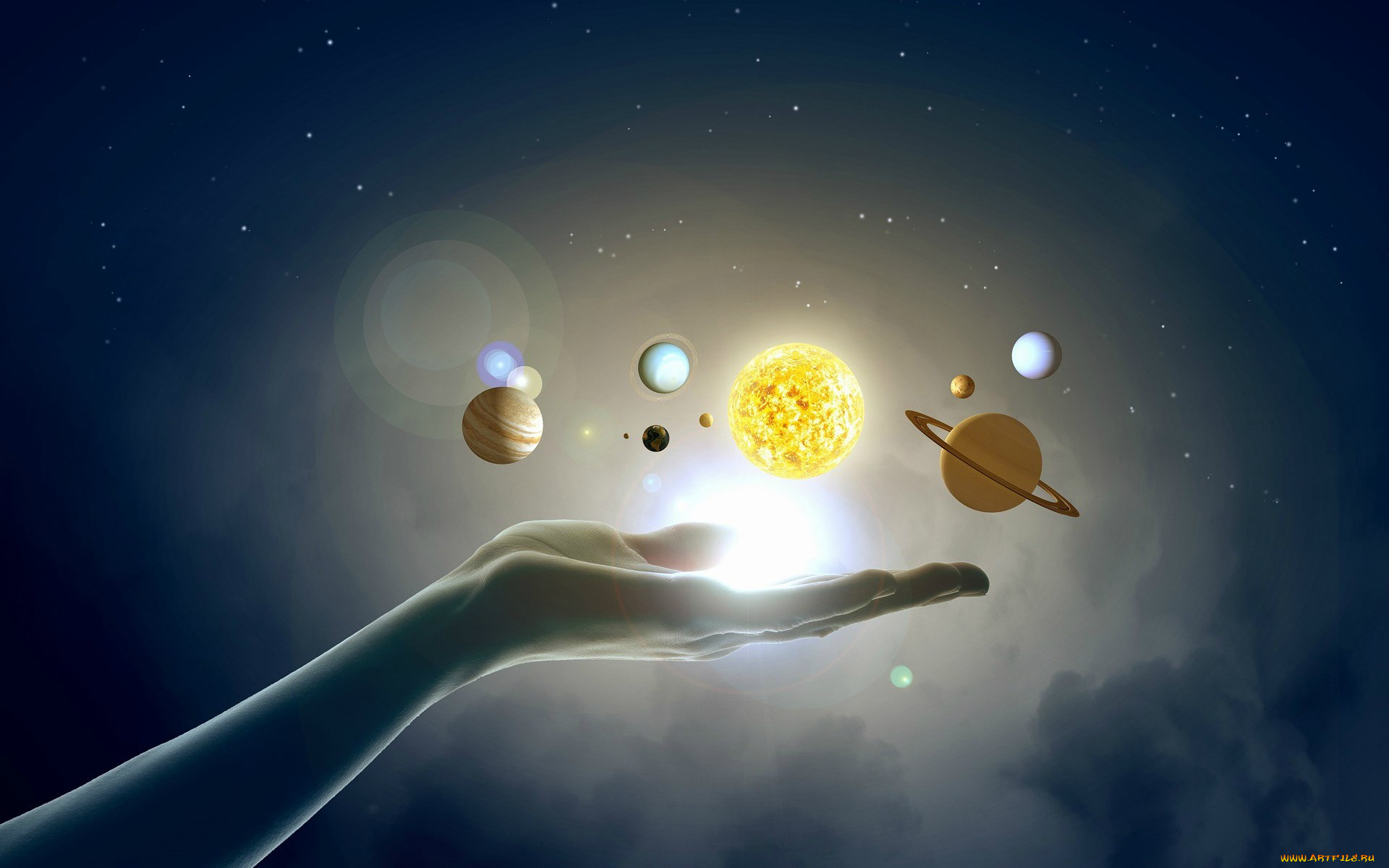 космос, арт, рука, солнце, планеты