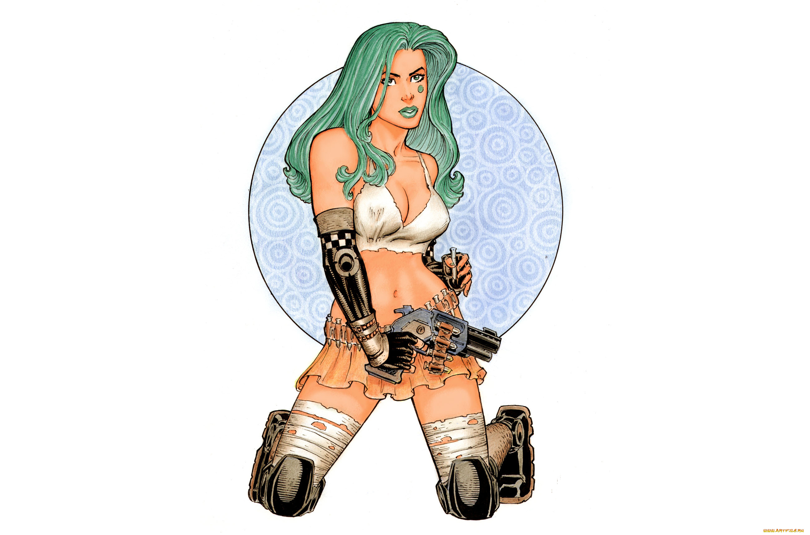 рисованное, комиксы, девушка, фон, взгляд, пистолет