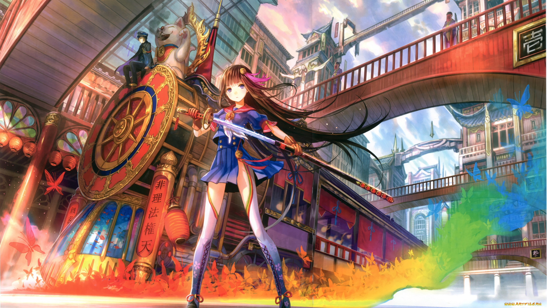 аниме, оружие, , техника, , технологии, мосты, девочка, перрон, катана, вокзал, art, школьная, форма, магия, бабочки, maneki, neko, fujiwara, паравоз, ножны