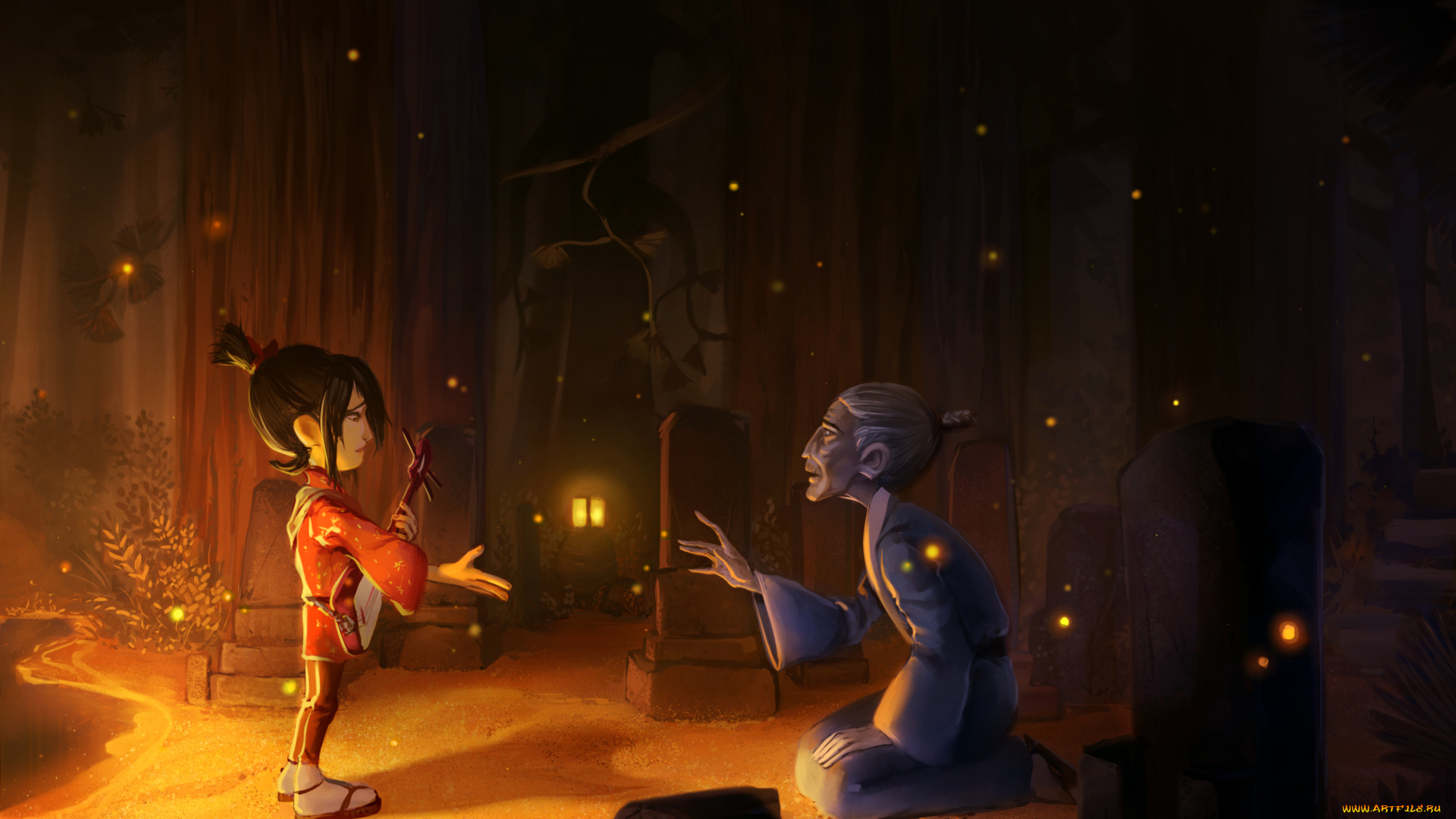 аниме, unknown, , другое, дедушка, кимоно, гитара, мальчик