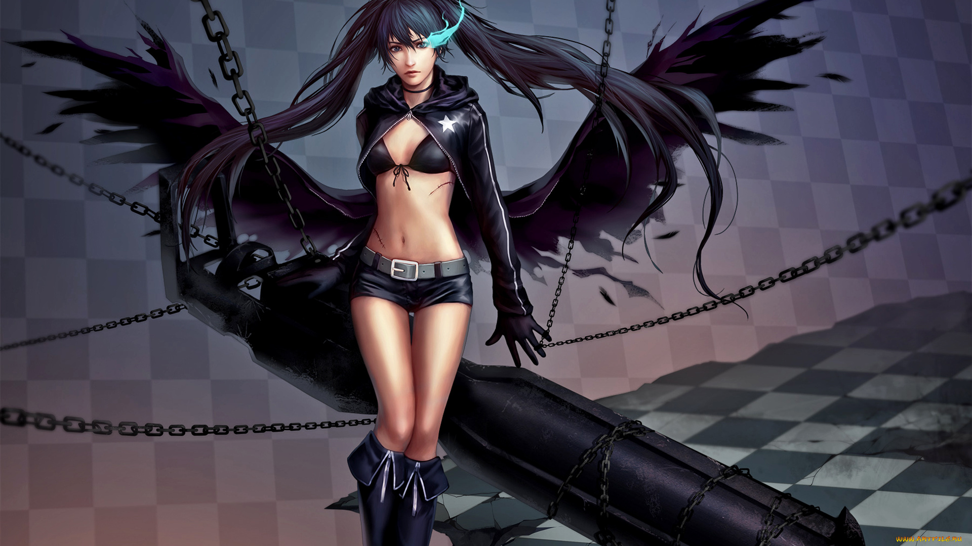 black, rock, shooter, аниме, взгляд, девушка, фон