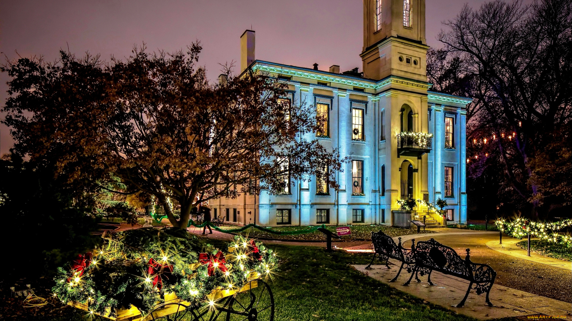 города, -, здания, , дома, телега, скамейки, украшения, парк, огни, здание, башня