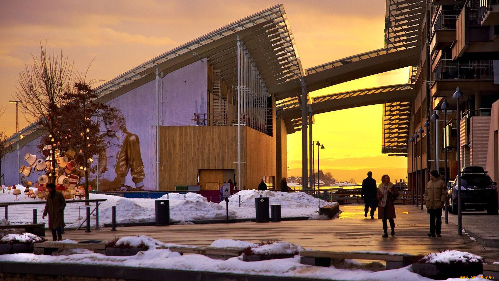 города, осло, , норвегия, люди, снег, графитти, здание, закат