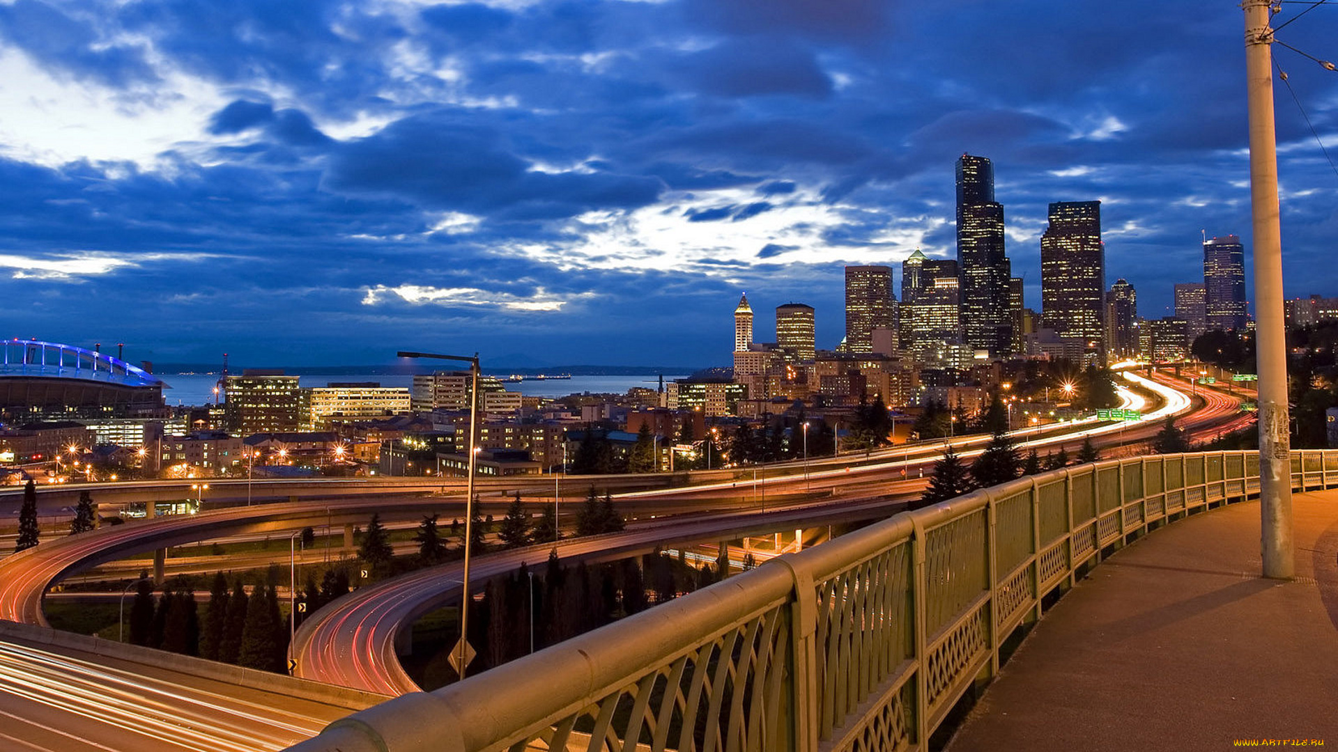 города, сиэтл, , сша, огни, шоссе, дороги, здания, развязка, тучи, дома