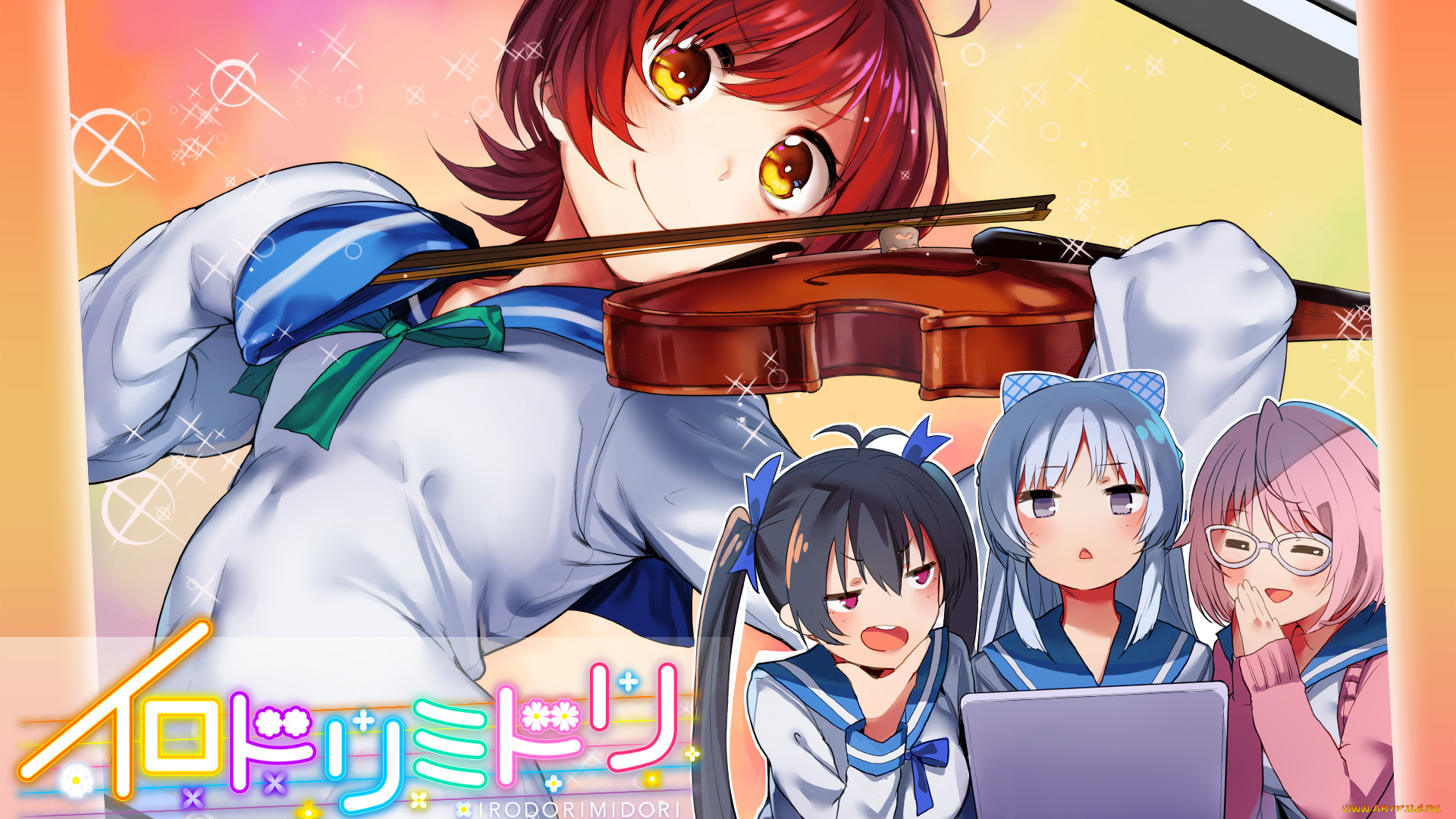 irodori, midori, аниме, взгляд, фон, девушки