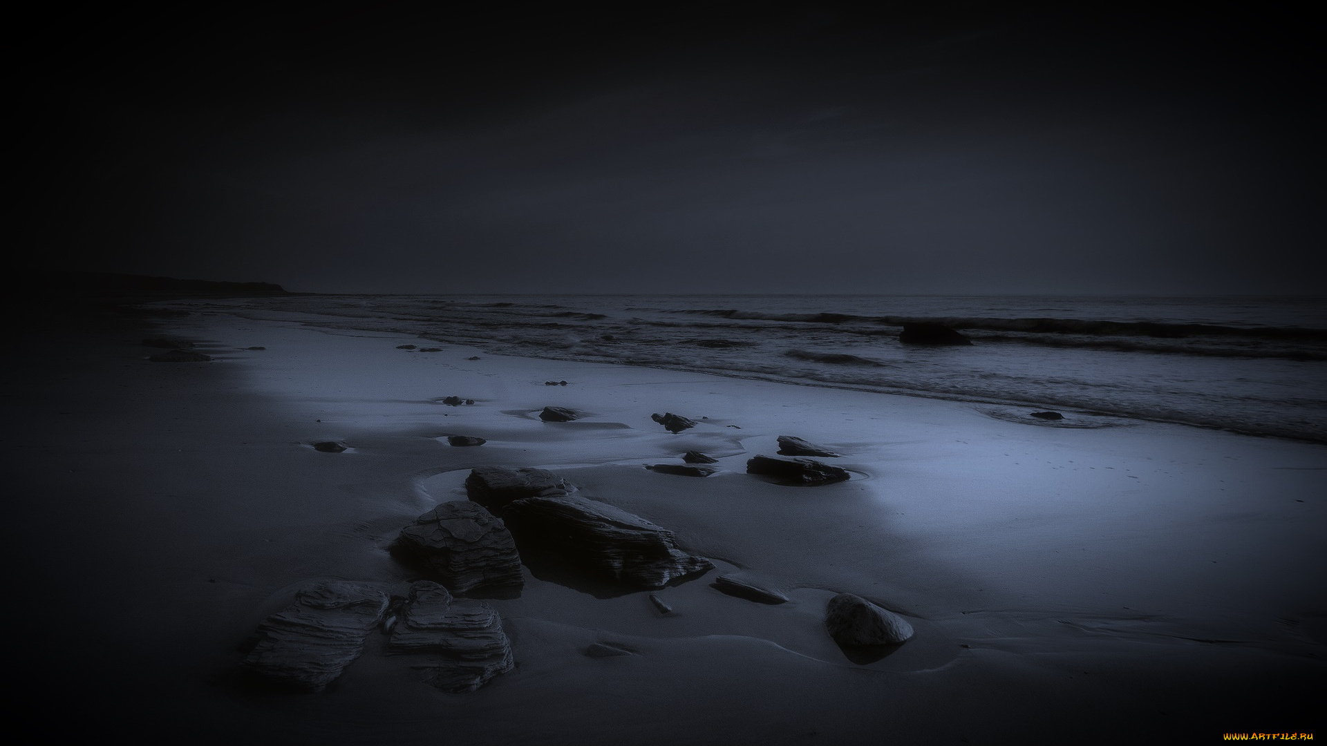 природа, побережье, камни, море, ночь