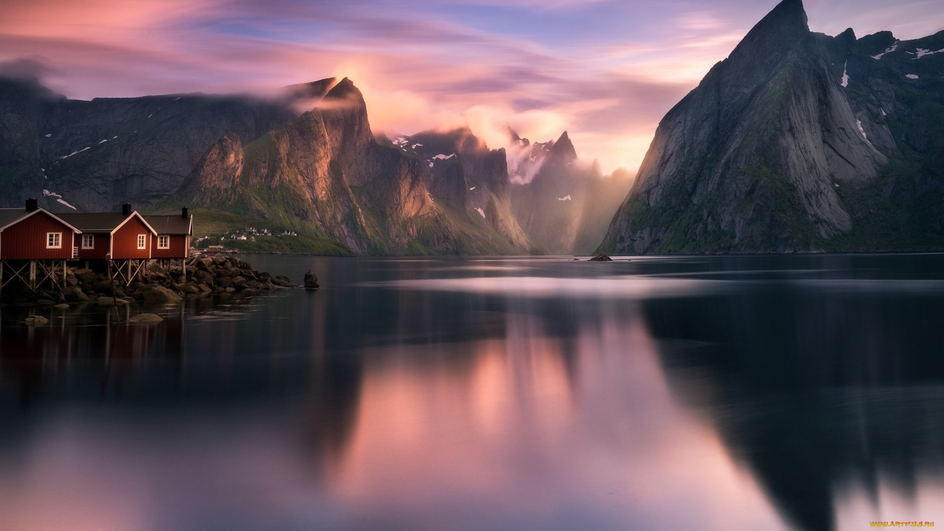 природа, реки, озера, фьорд, дома, норвегия, горы, озеро