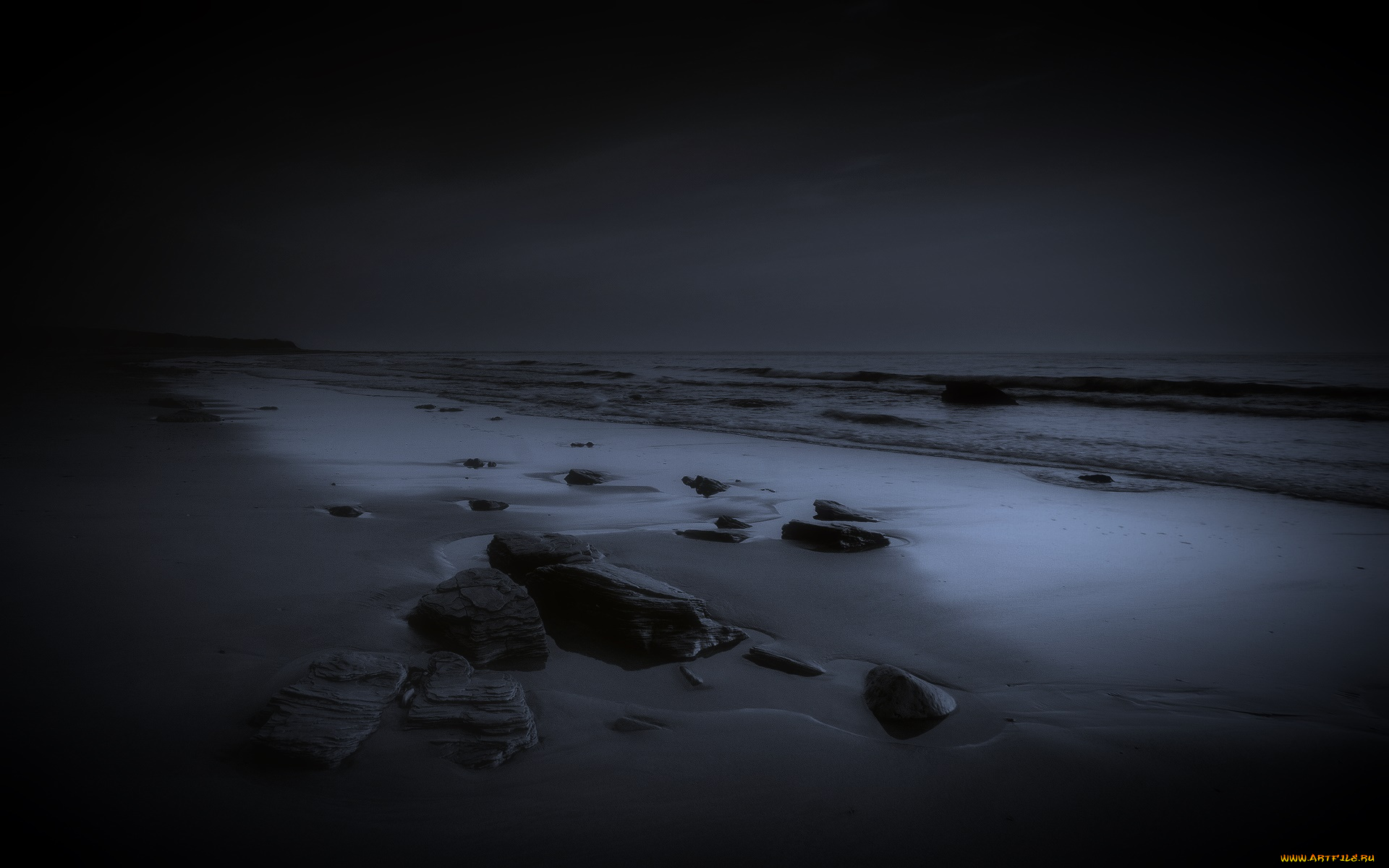 природа, побережье, камни, море, ночь