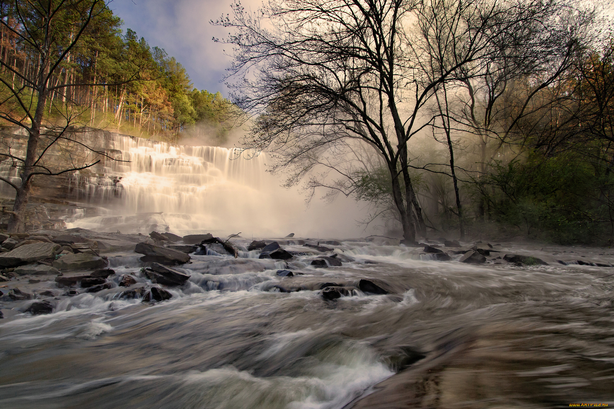 природа, водопады, лес, река, водопад