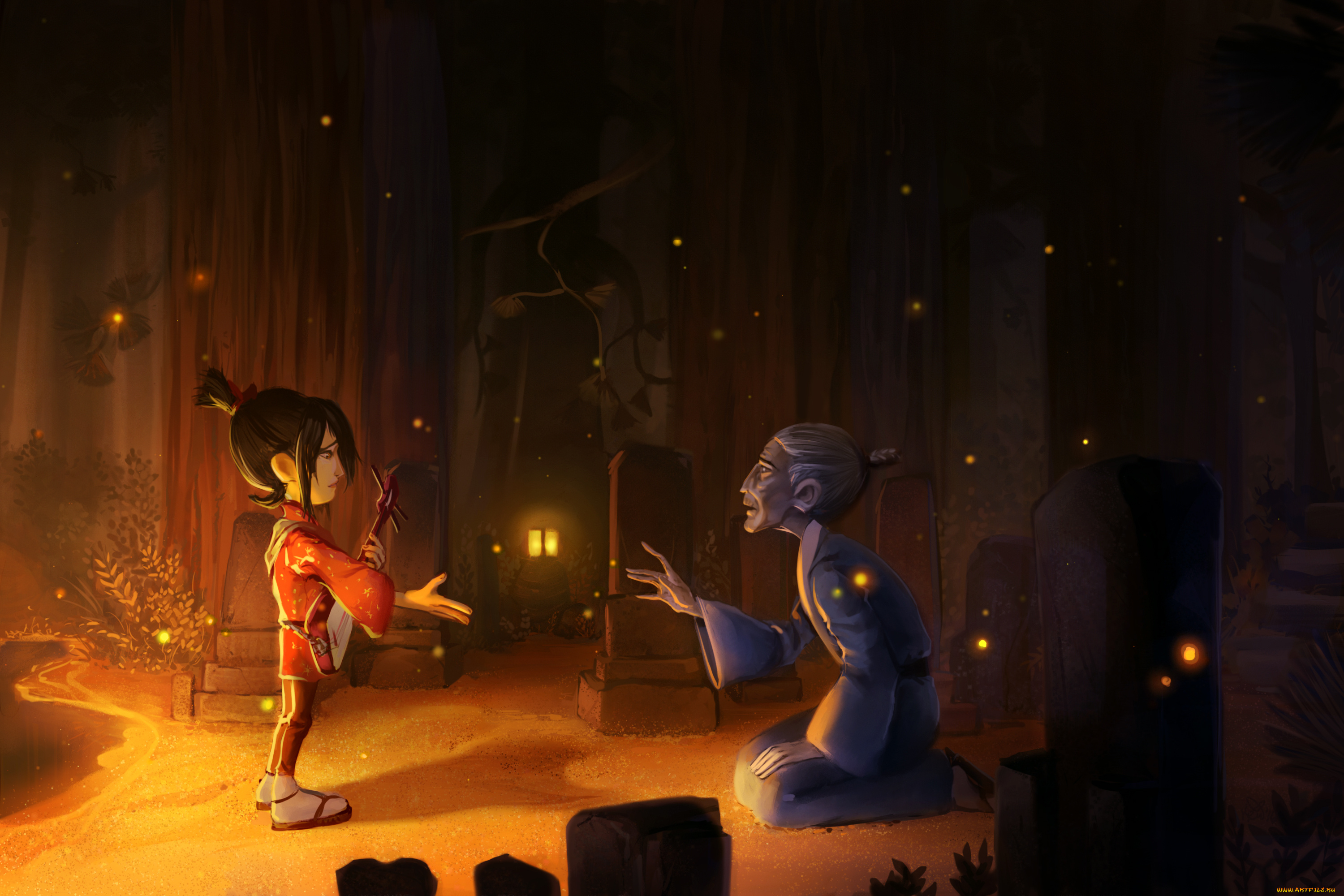 аниме, unknown, , другое, дедушка, кимоно, гитара, мальчик