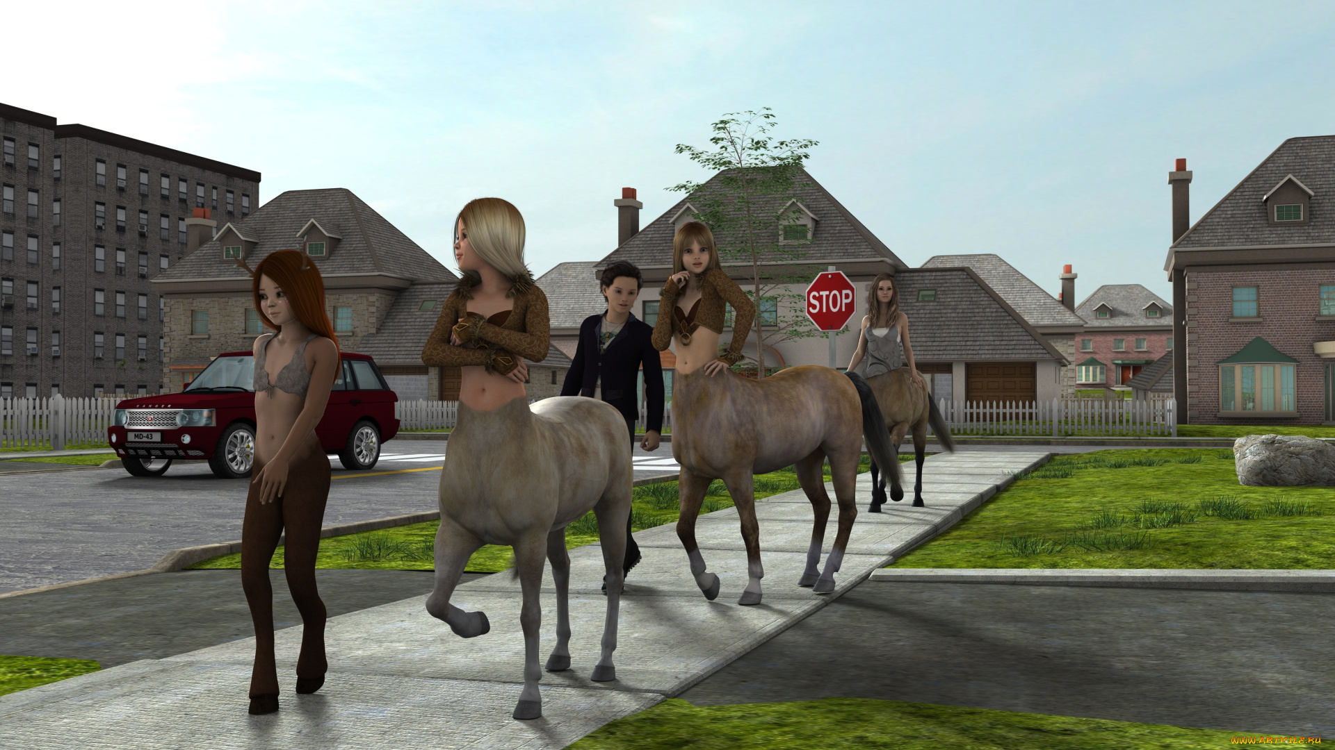 3д, графика, существа, , creatures, девушки, взгляд, фон, кентавры