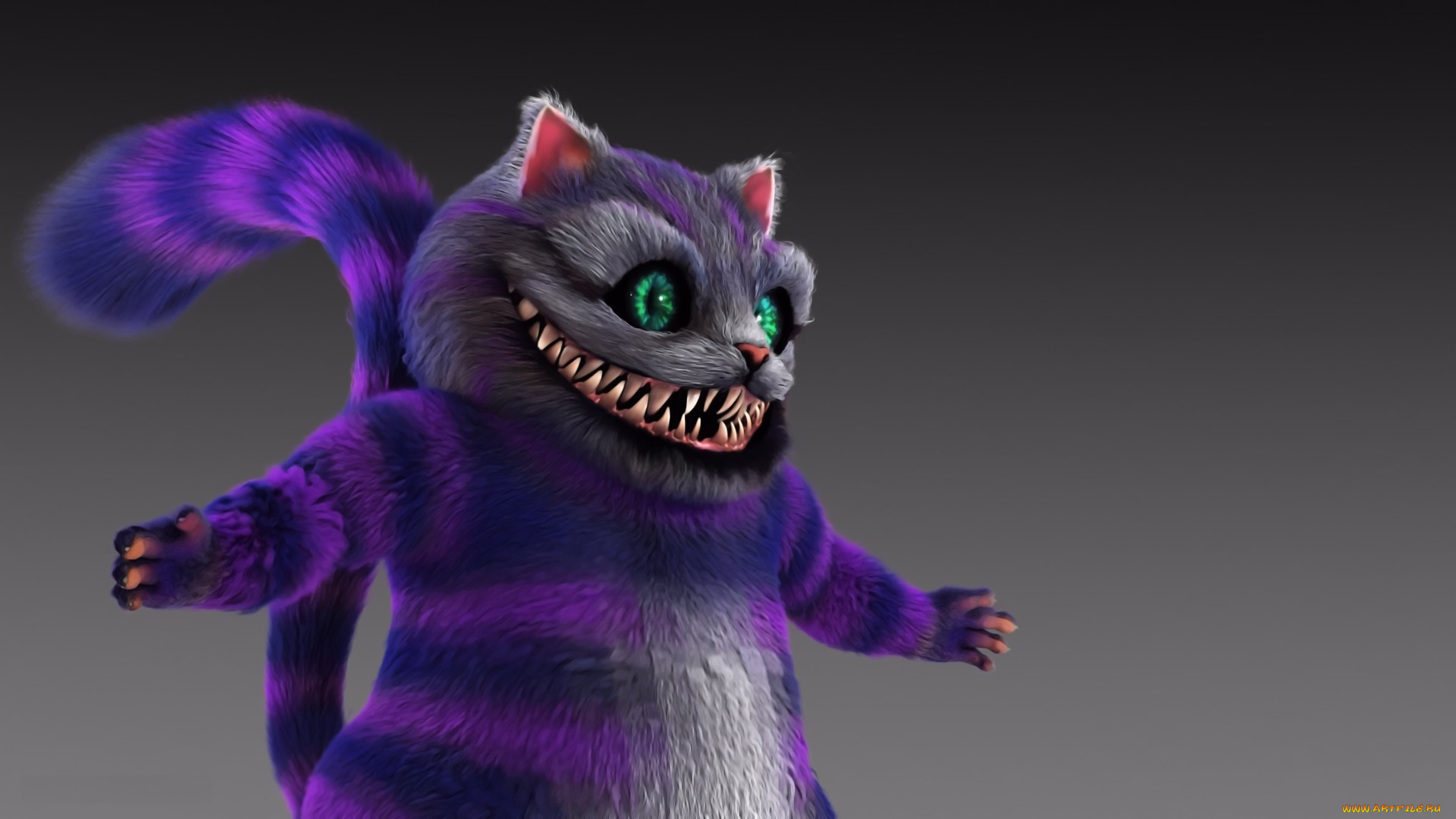 3д, графика, юмор, , humor, арт, зеленые, глаза, Чеширский, кот, клыки, рендеринг, ухмылка, взгляд