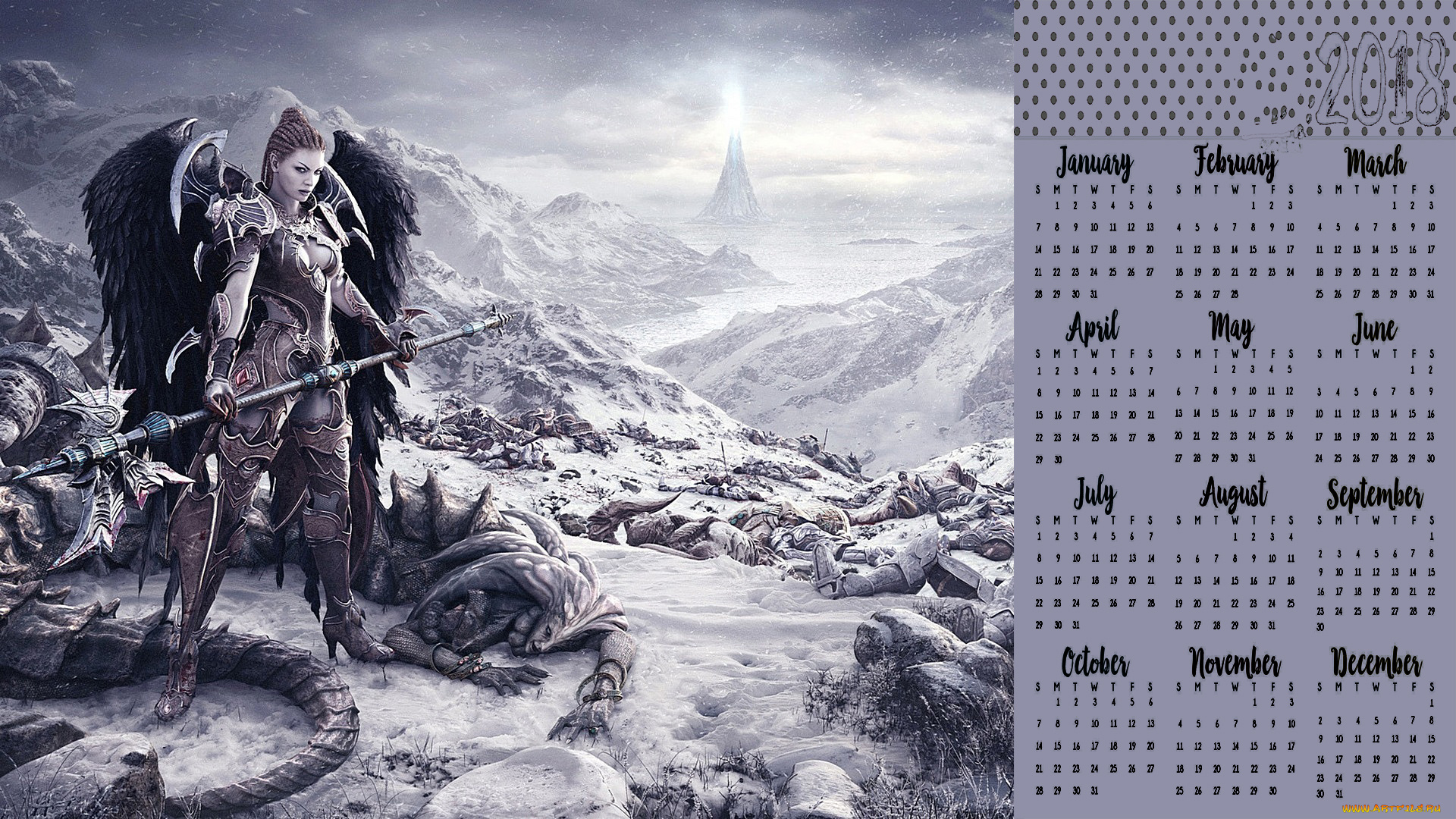 календари, фэнтези, взгляд, девушка, существо, снег, оружие, крылья