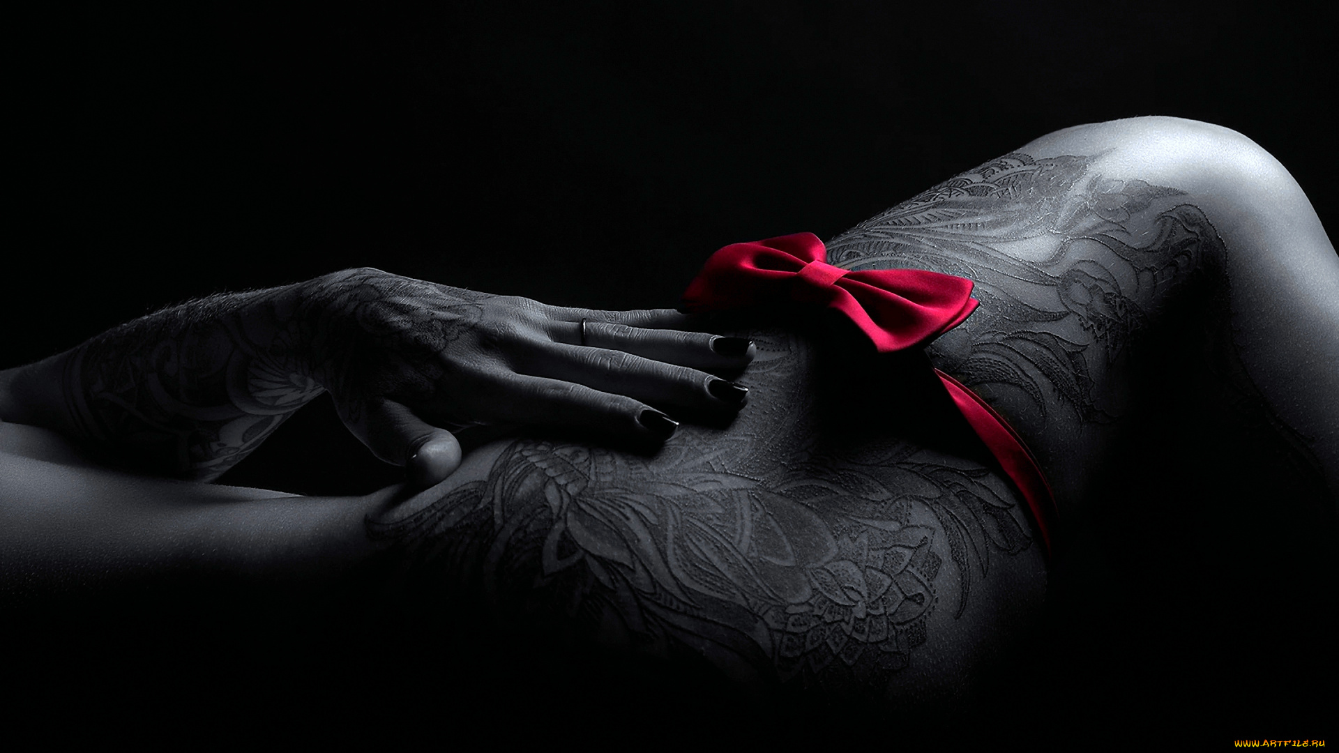 девушки, -unsort, , женские, прелести, темный, фон, тату, бант