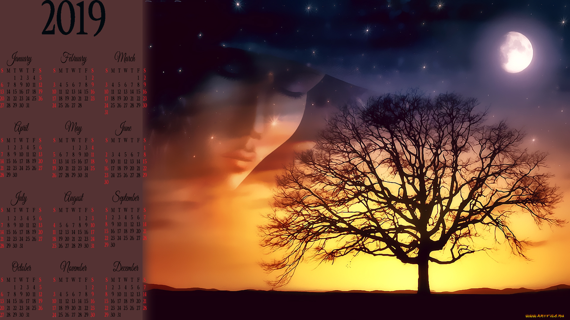календари, фэнтези, лицо, дерево, силуэт