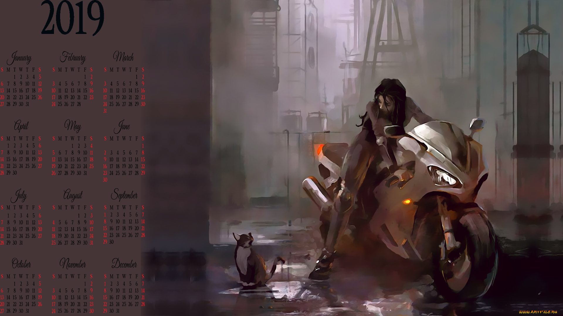 календари, фэнтези, мотоцикл, кошка, человек