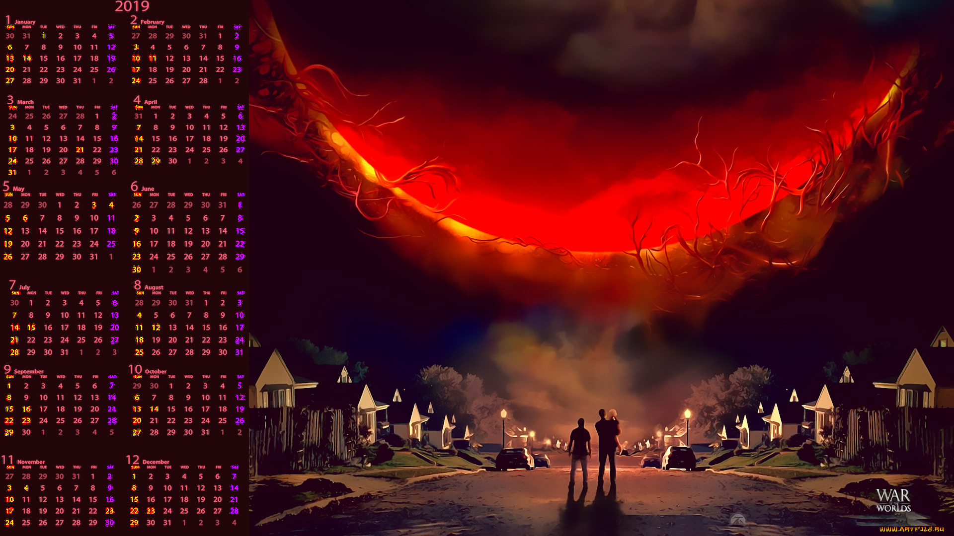 календари, фэнтези, улица, дом, люди, ночь