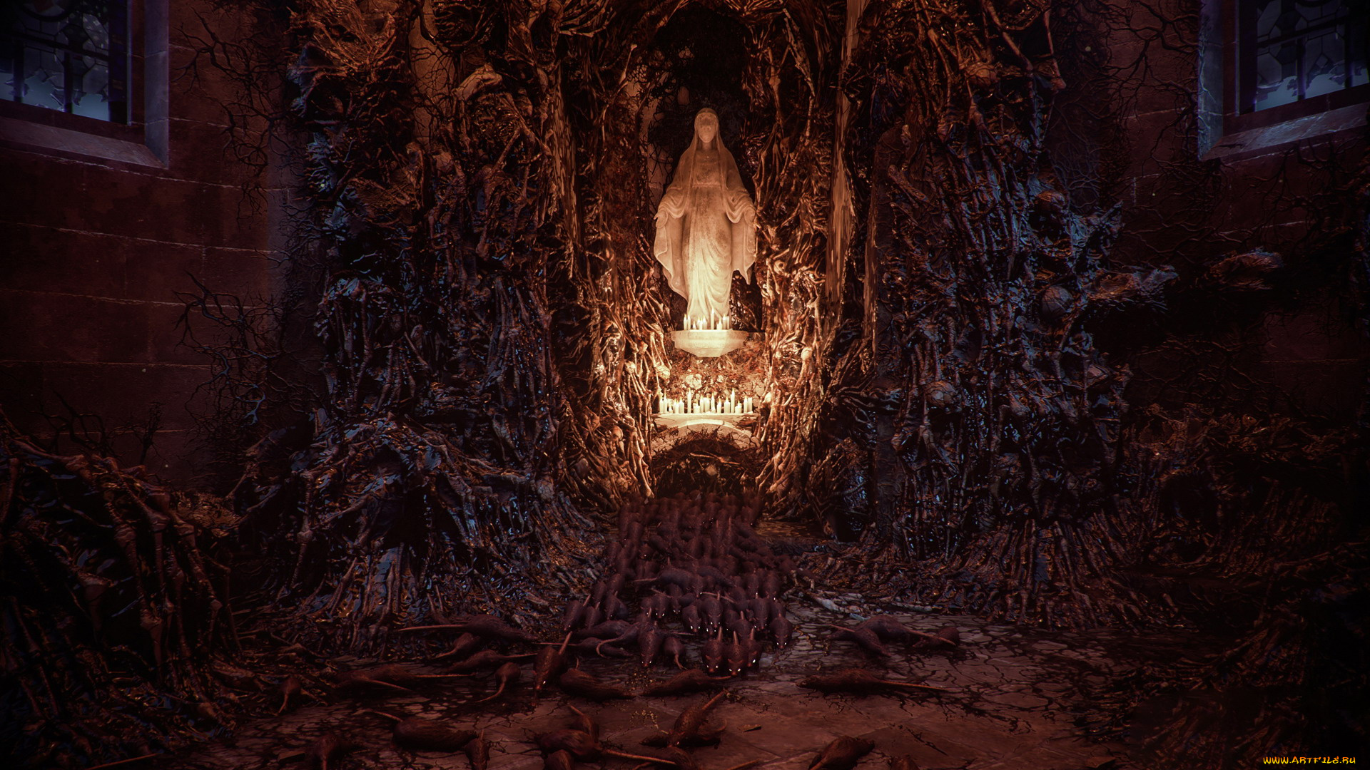 видео, игры, a, plague, tale, , innocence, храм, свечи, статуя, крысы
