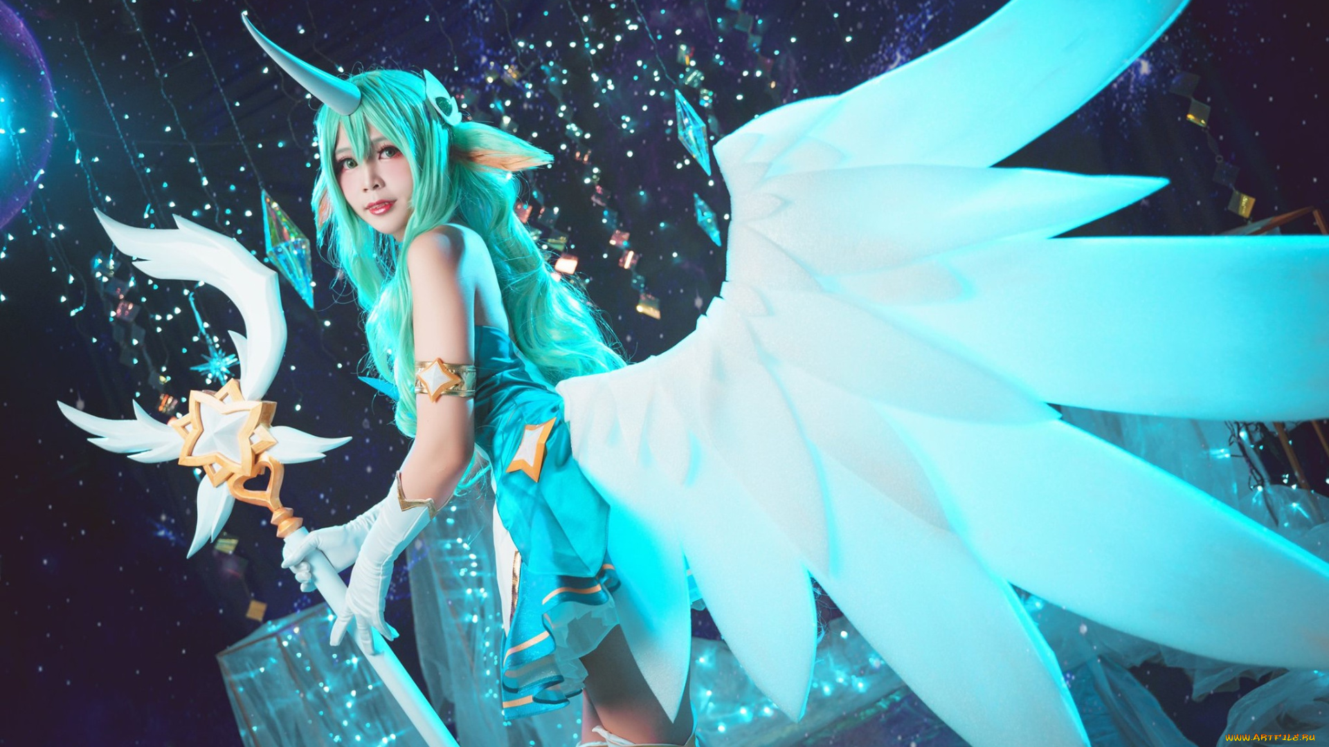 девушки, -, креатив, , косплей, костюм, сорака, блестки, посох, рог