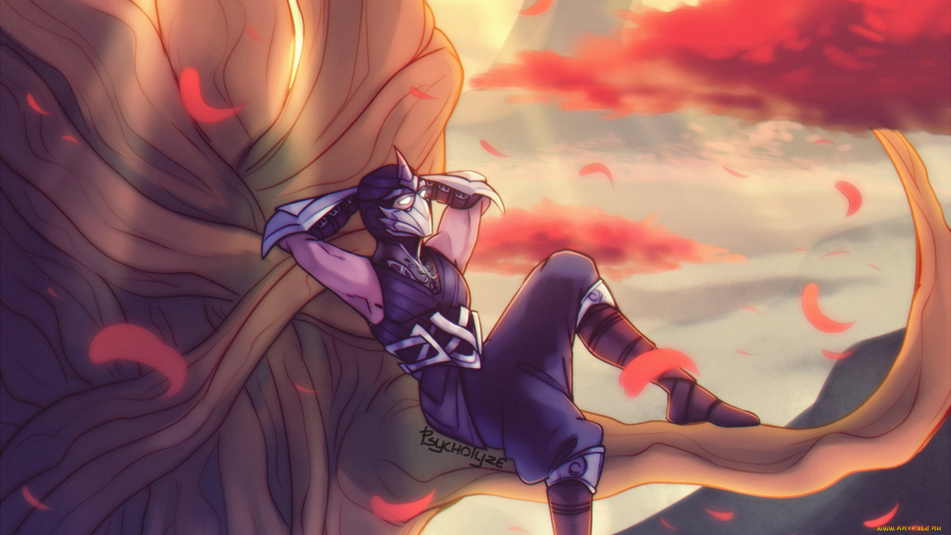 видео, игры, league, of, legends, воин, дерево, листья, отдых, shen