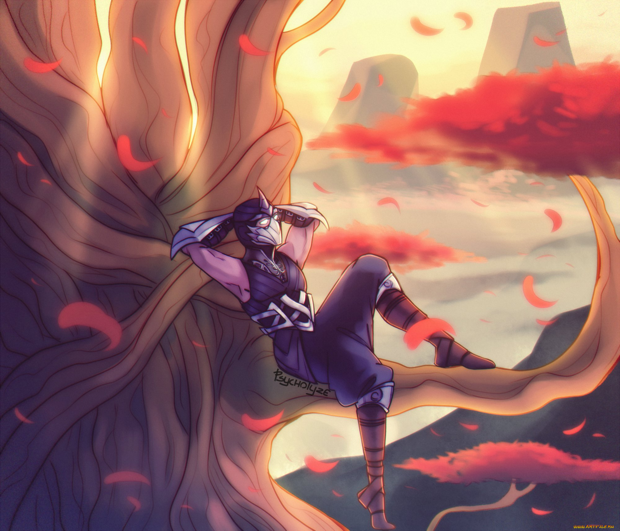 видео, игры, league, of, legends, воин, дерево, листья, отдых, shen