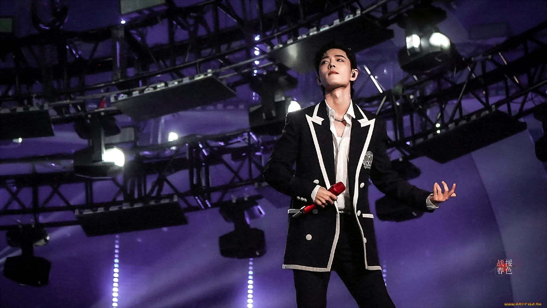 мужчины, xiao, zhan, актер, певец, микрофон, пиджак, софиты