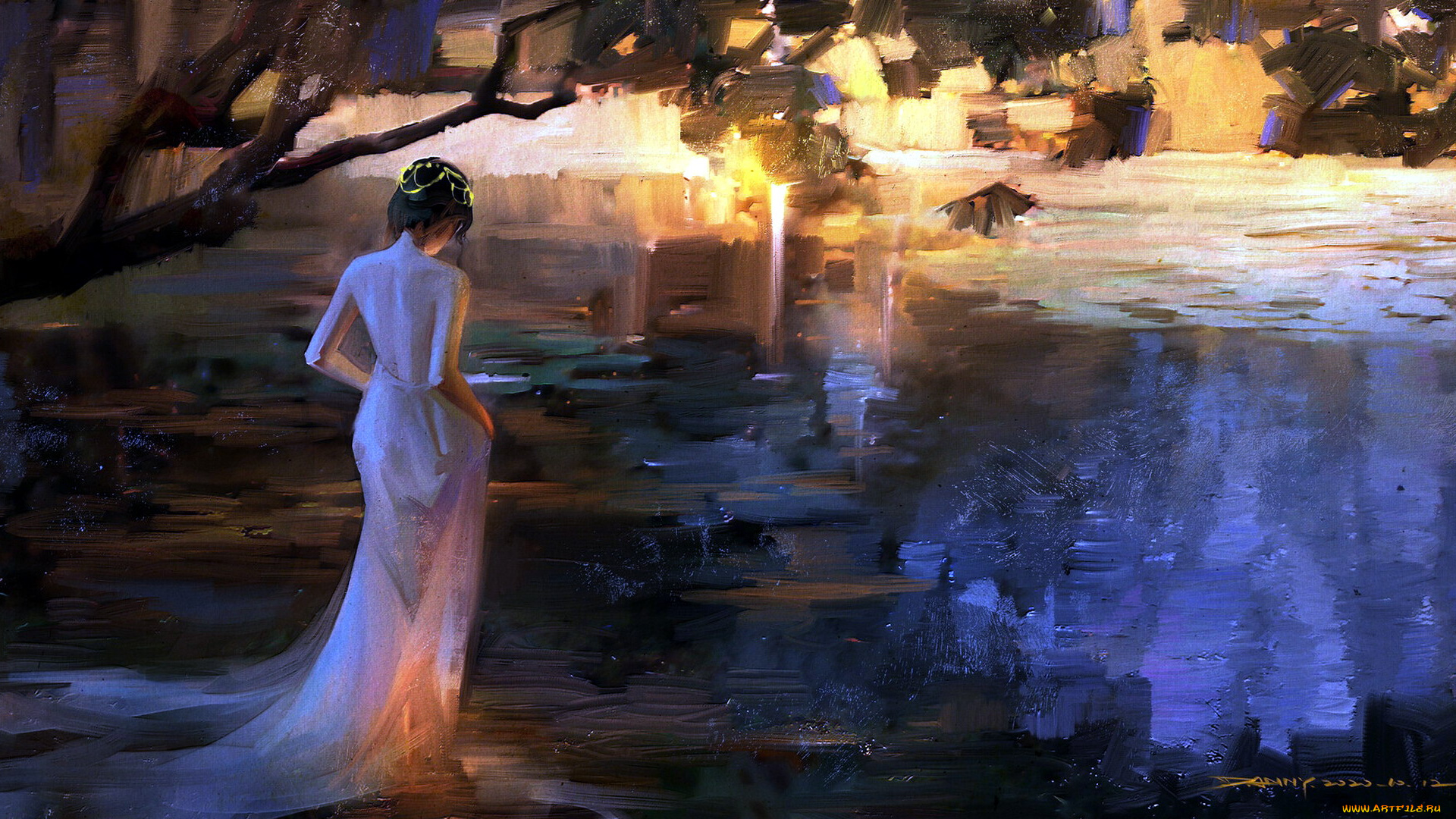 рисованное, люди, девушка, озеро, деревья