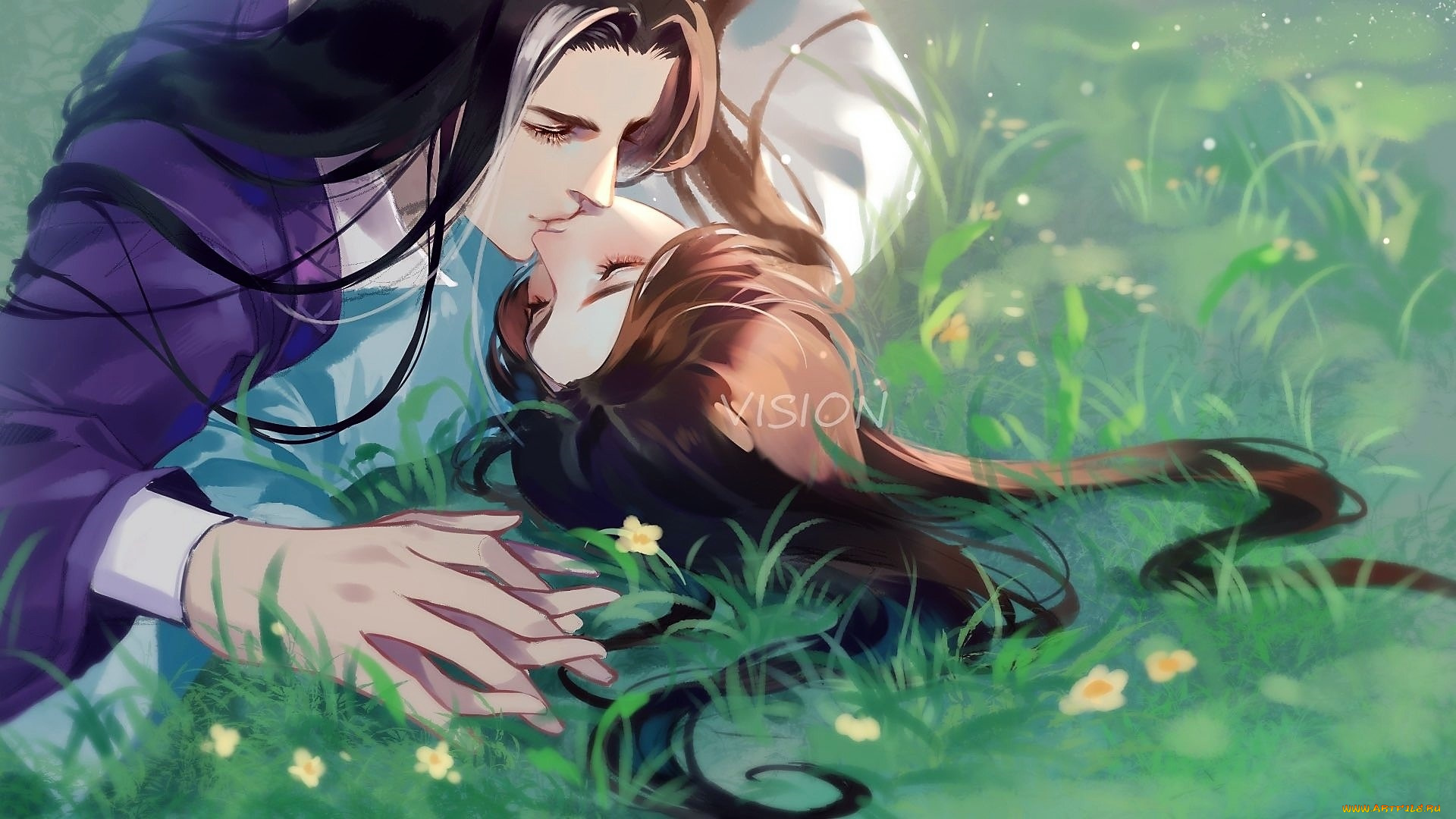 аниме, unknown, , другое, , парни, поцелуй, трава