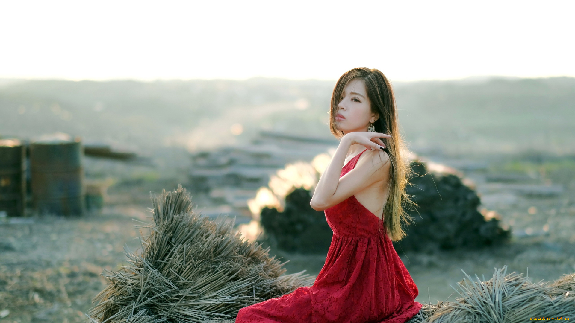 девушки, -, азиатки, азиатка, поза, красное, платье