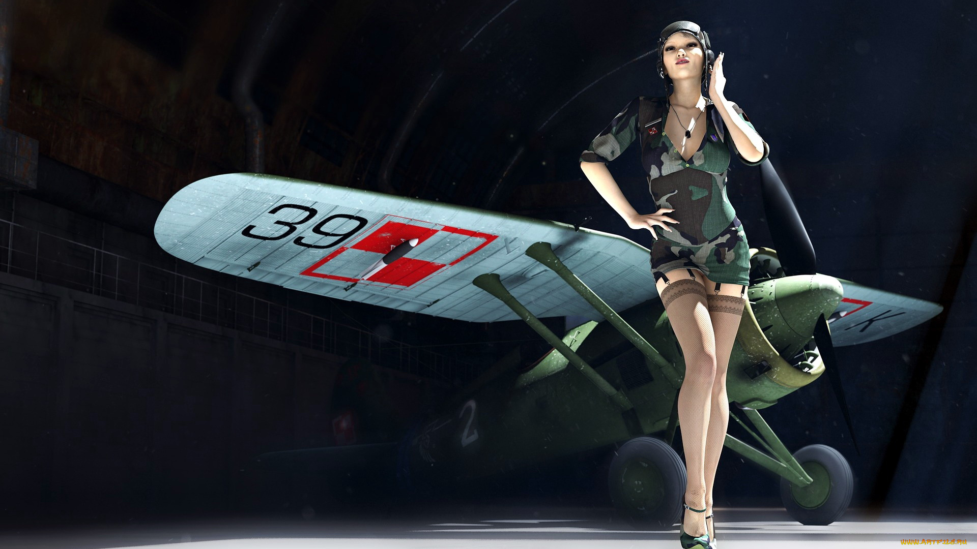 девушки, -, азиатки, самолет, азиатка, шлем, чулки, пилот