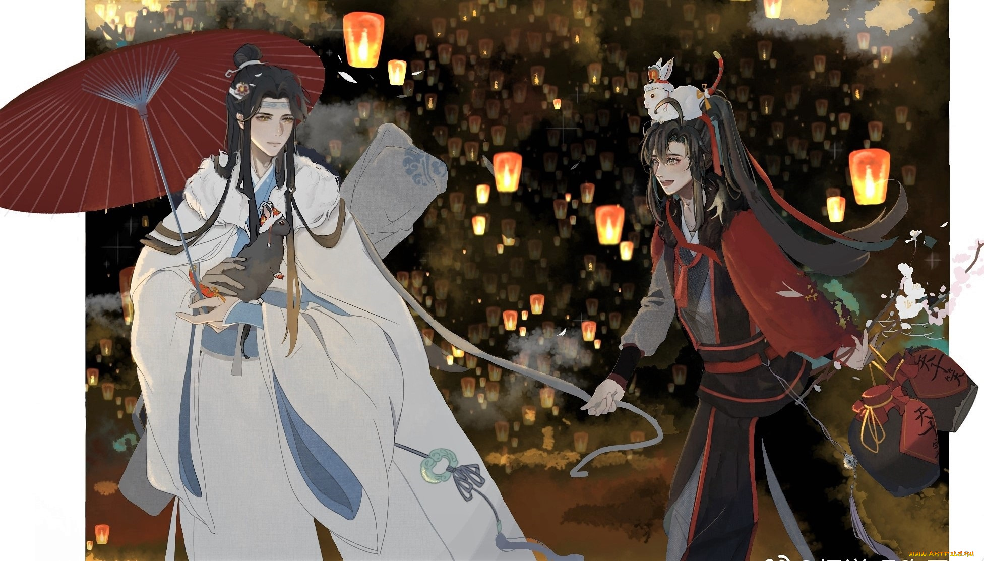 аниме, mo, dao, zu, shi, вэй, усянь, лань, ванцзы, кролики, фонари, зонт