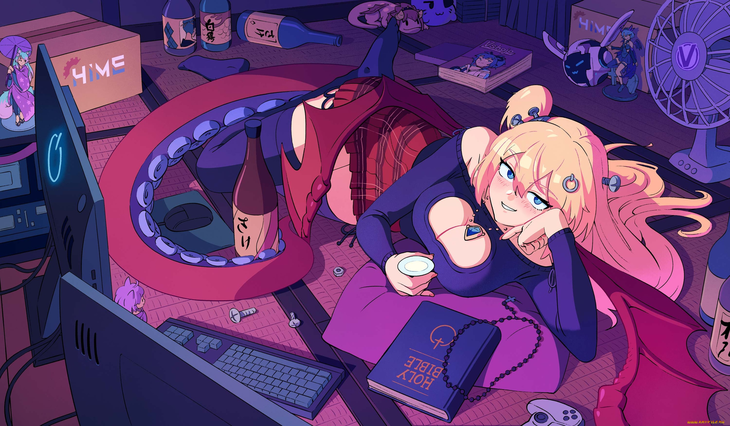 аниме, ангелы, , демоны, демонесса, компьютер, бутылки