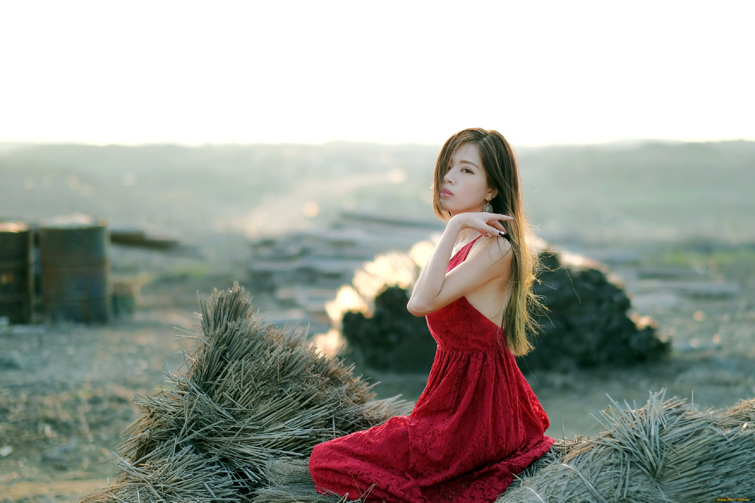 девушки, -, азиатки, азиатка, поза, красное, платье