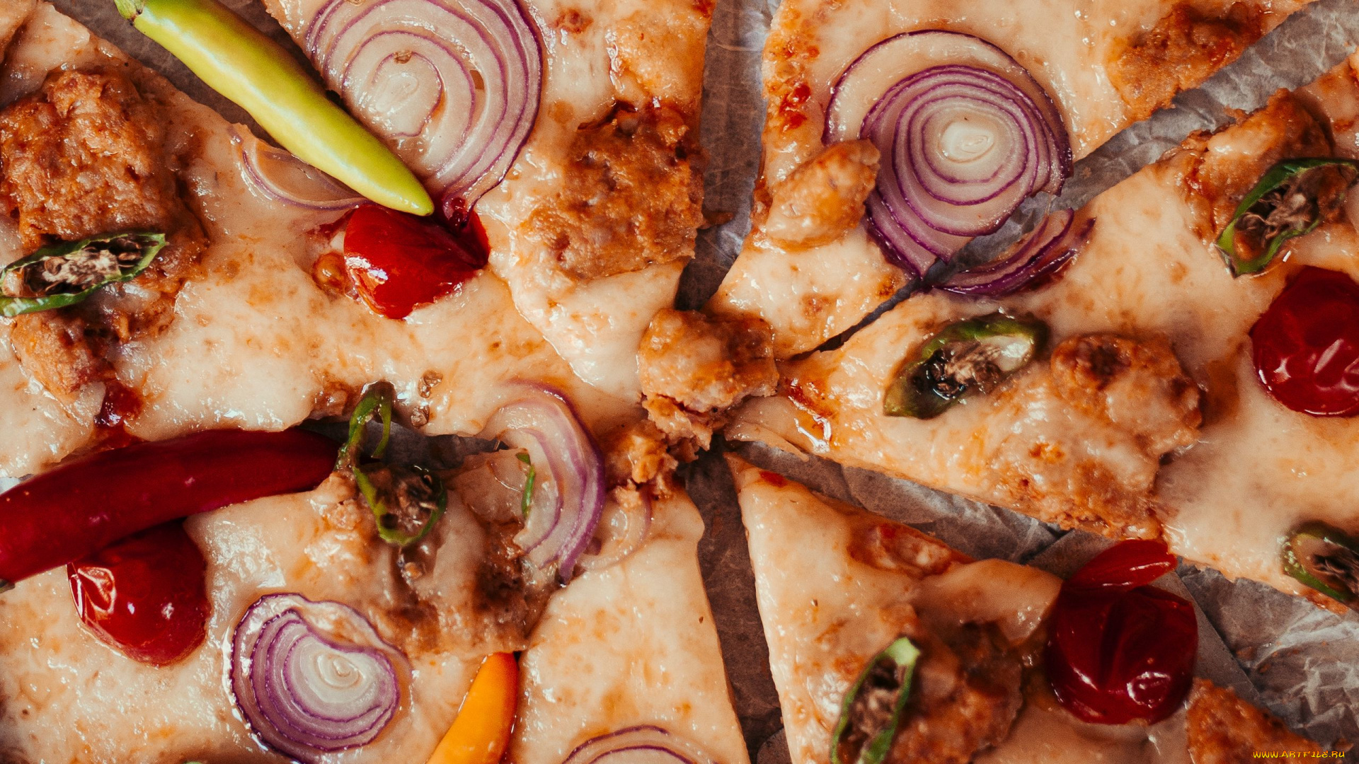 еда, пицца, лук, перчик, макро