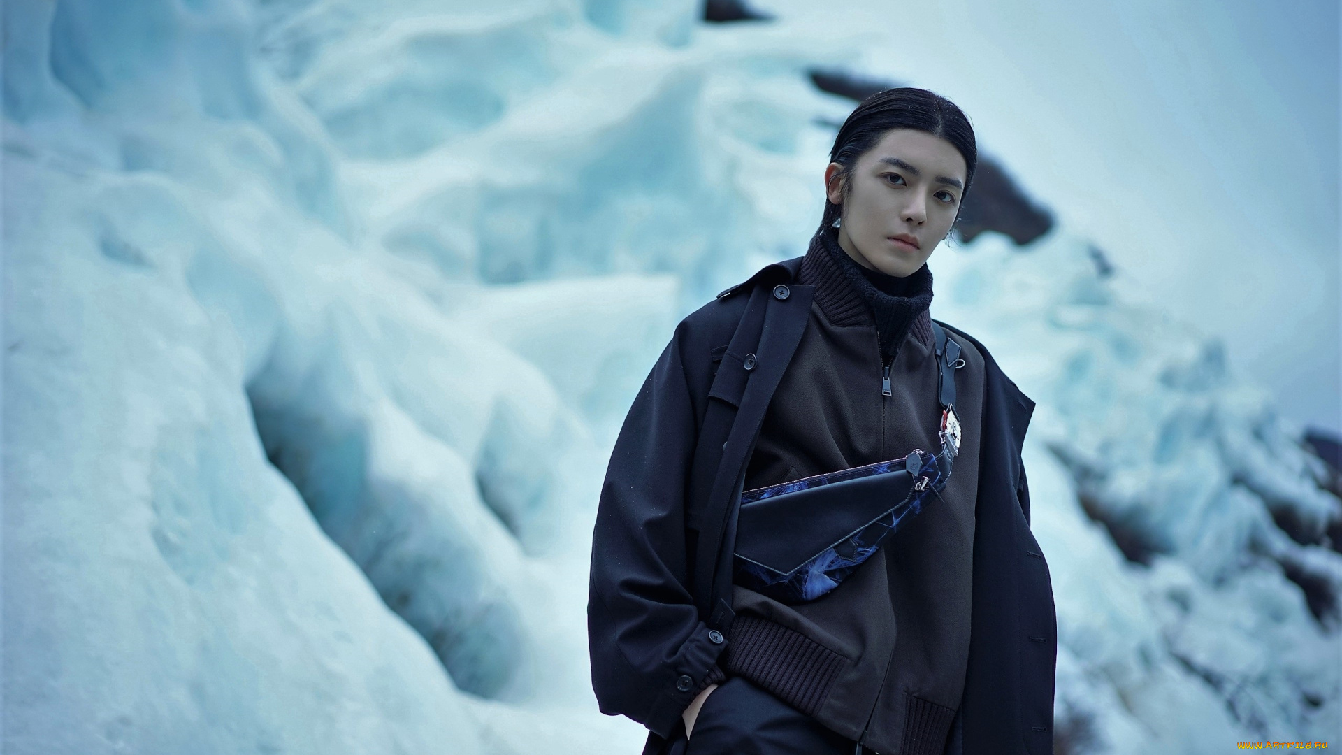 мужчины, hou, ming, hao, актер, свитер, пальто, снег, горы