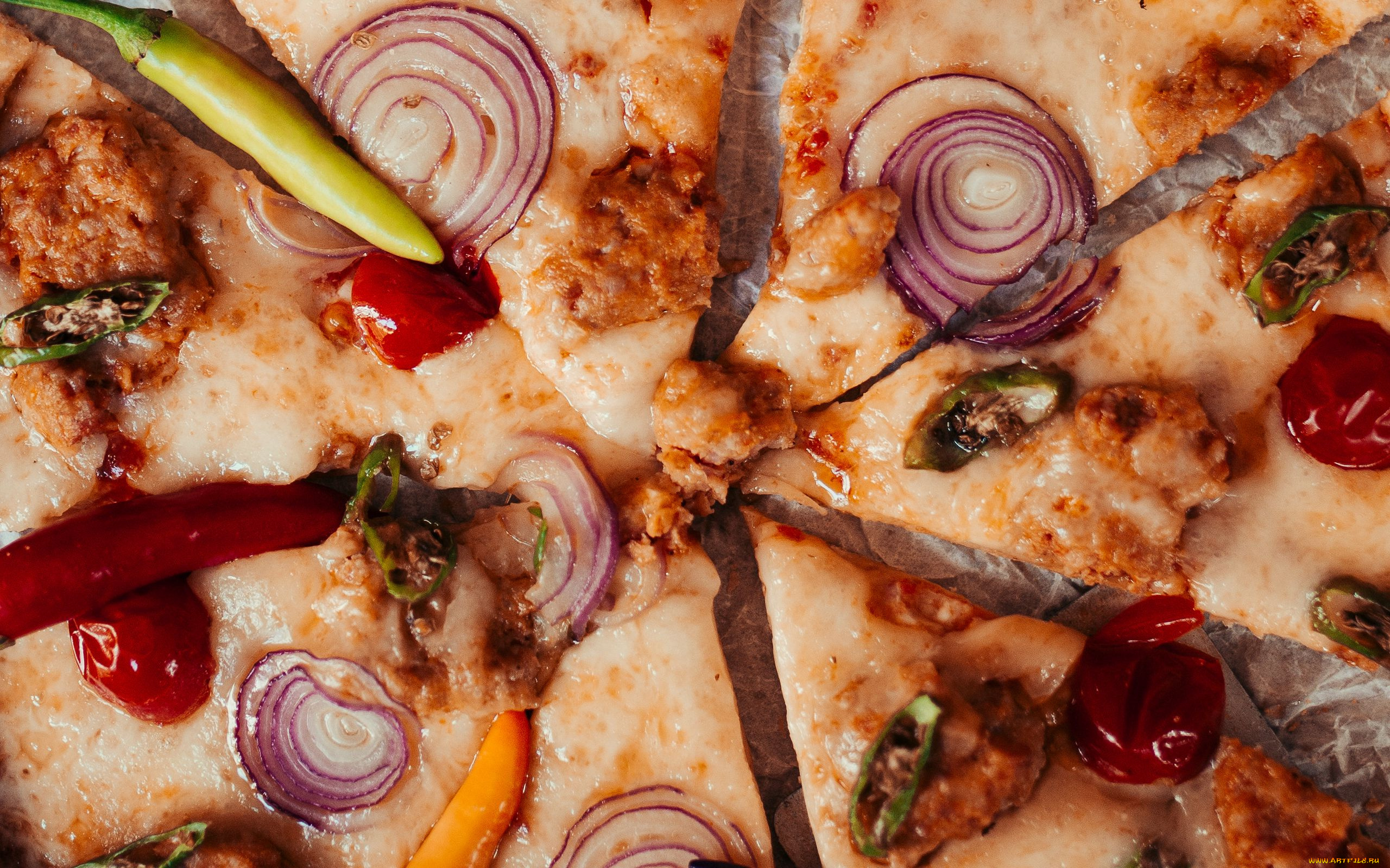 еда, пицца, лук, перчик, макро