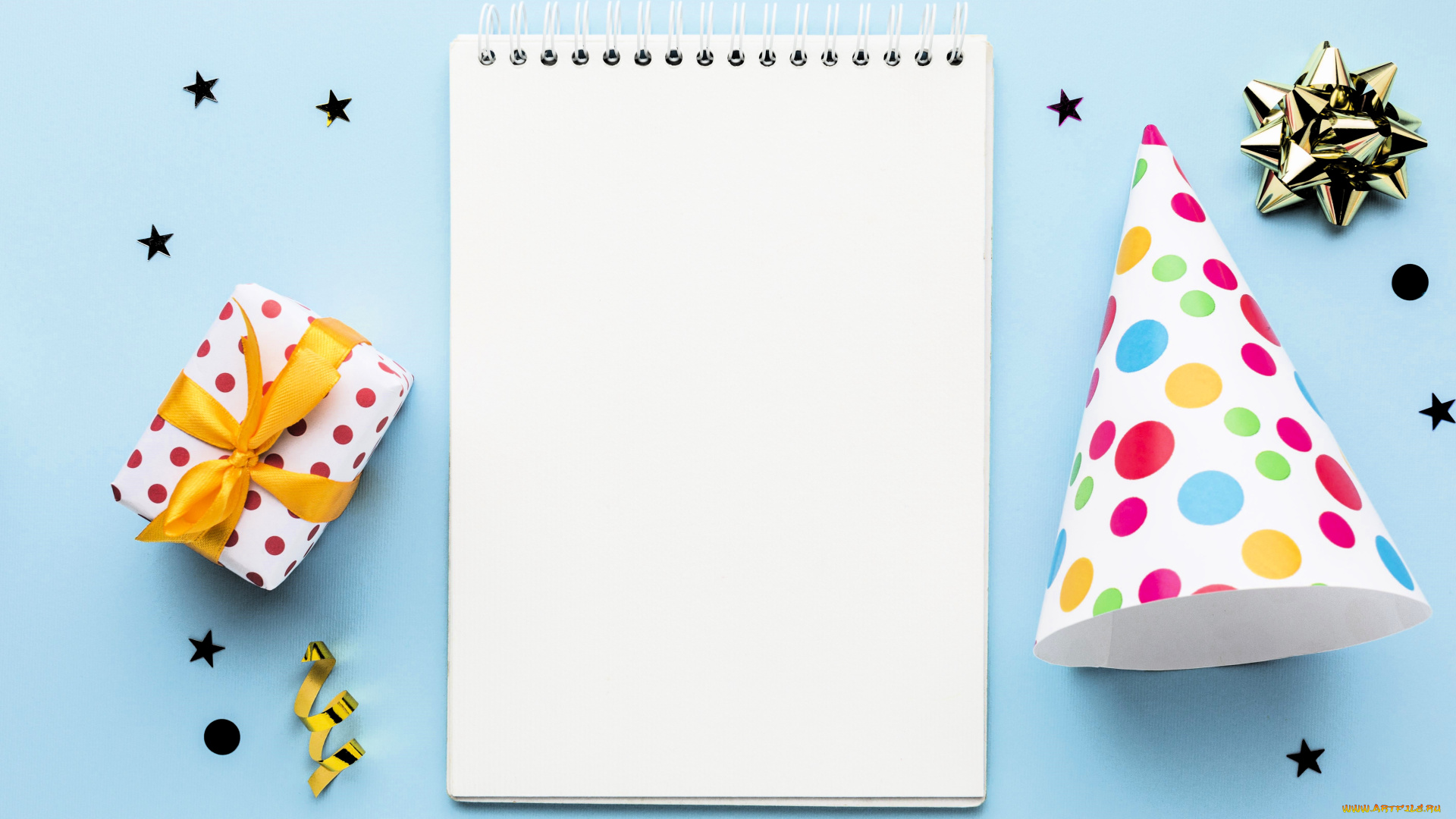 праздничные, день, рождения, звездочки, подарок, блокнот, колпак